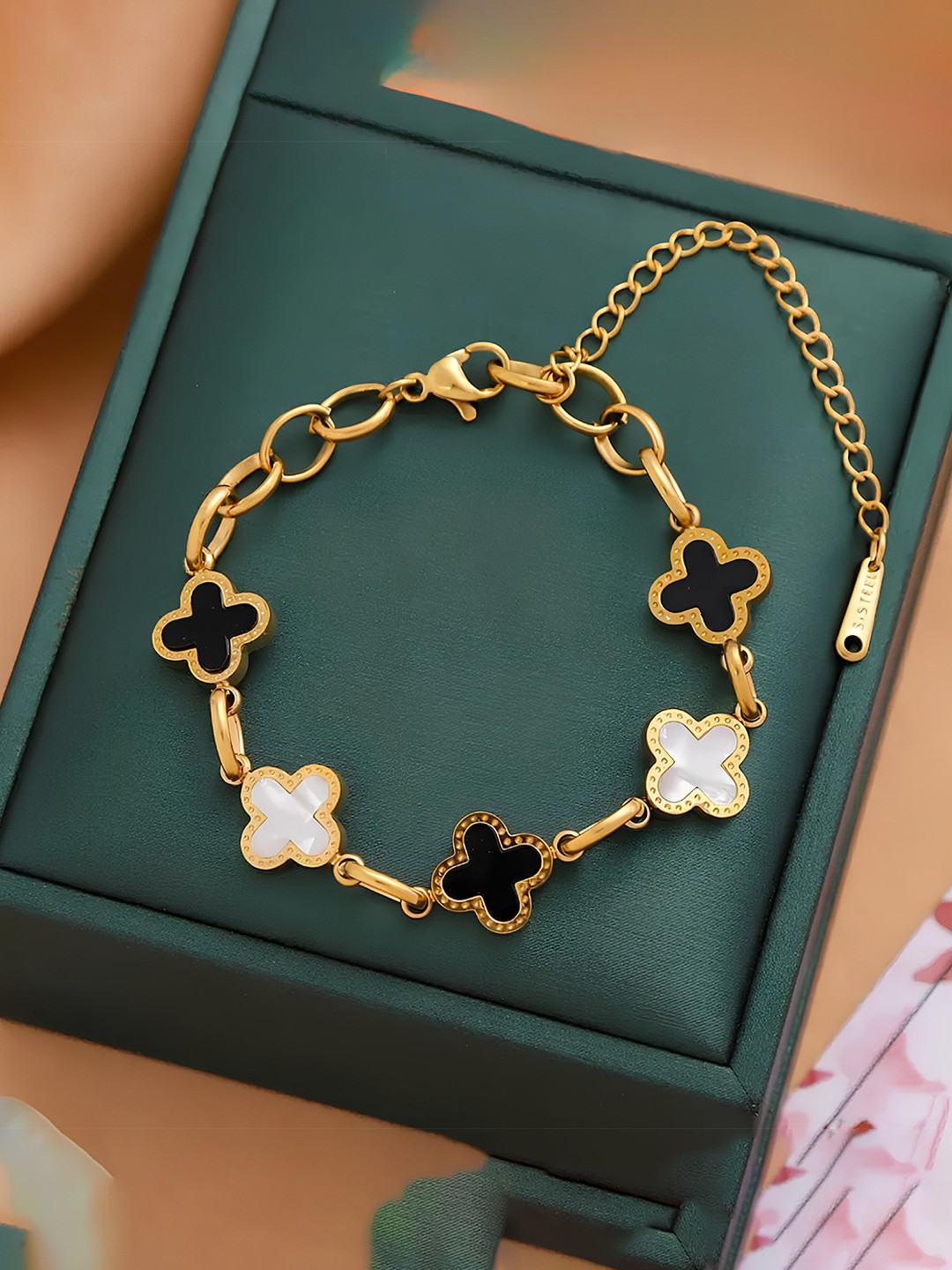 KARISHMA KREATIONS 18K Gold-Plated Cubic Zirconia Studded Four-leaf Clover Link Bracelet