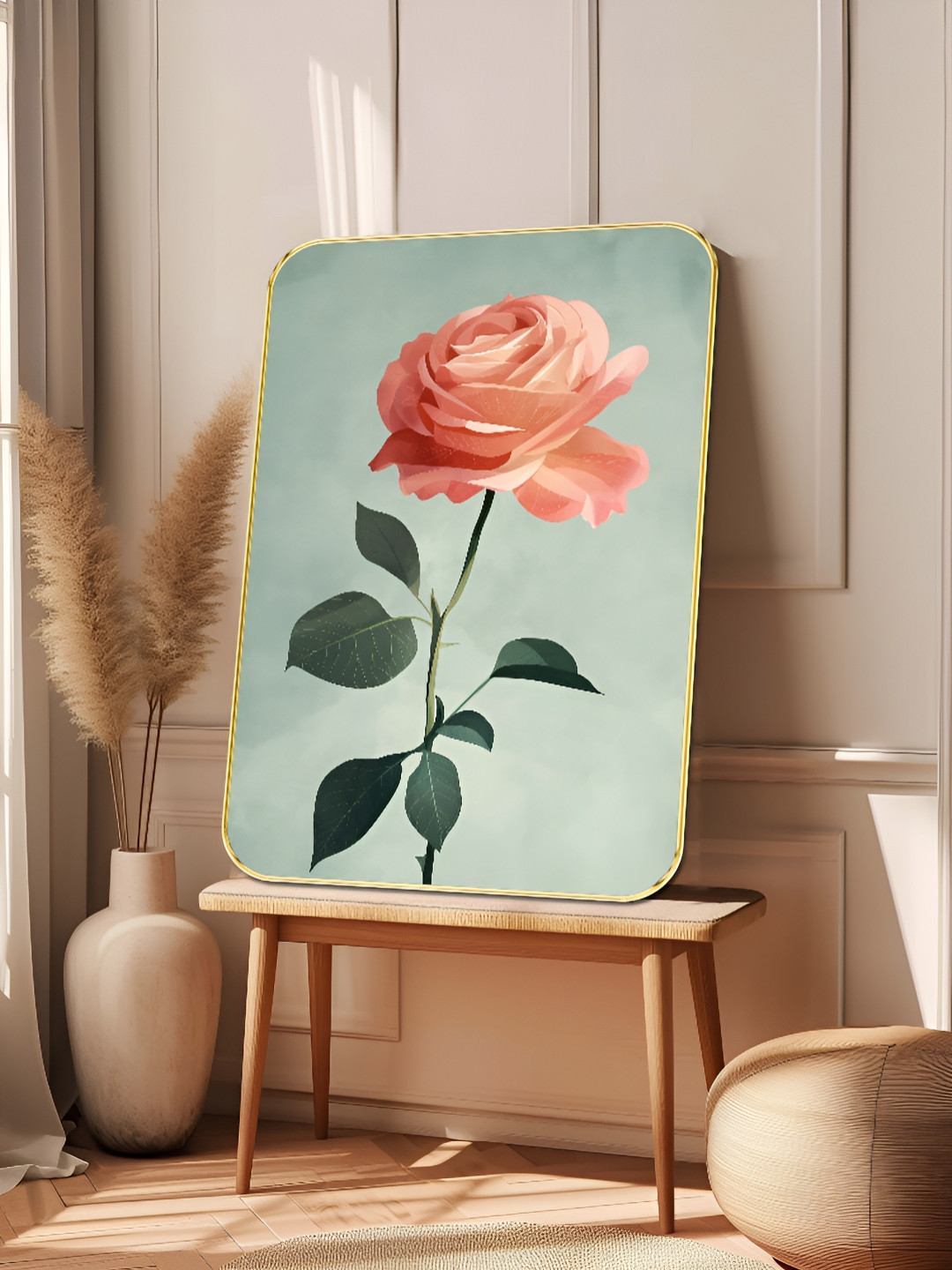 Livin'luxe Blue & Pink Blush Rose Wooden Painting Wall Art