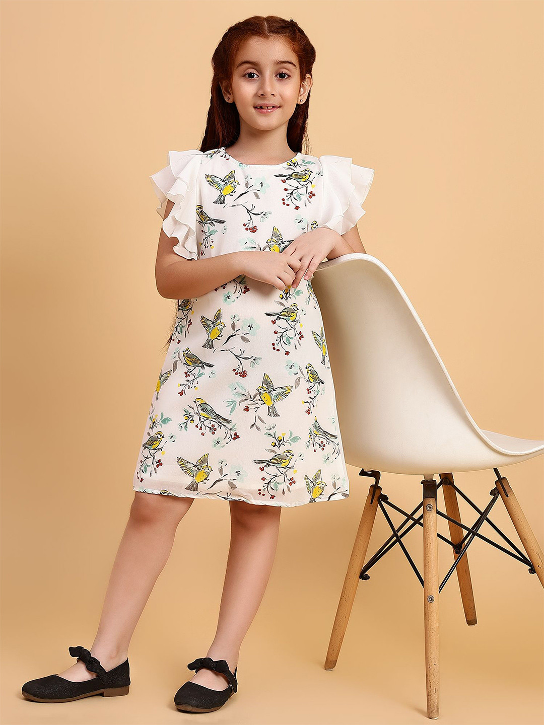 Lazy Shark Girls Graphic Printed Flutter Sleeve Ruffles A-Line Knee Length Dress