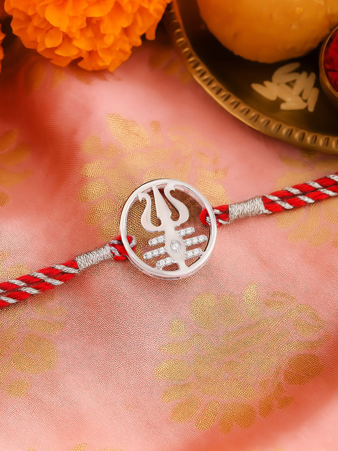 Ornate Jewels 925 Silver American Diamond Trishul Rakhi With Roli Chawal