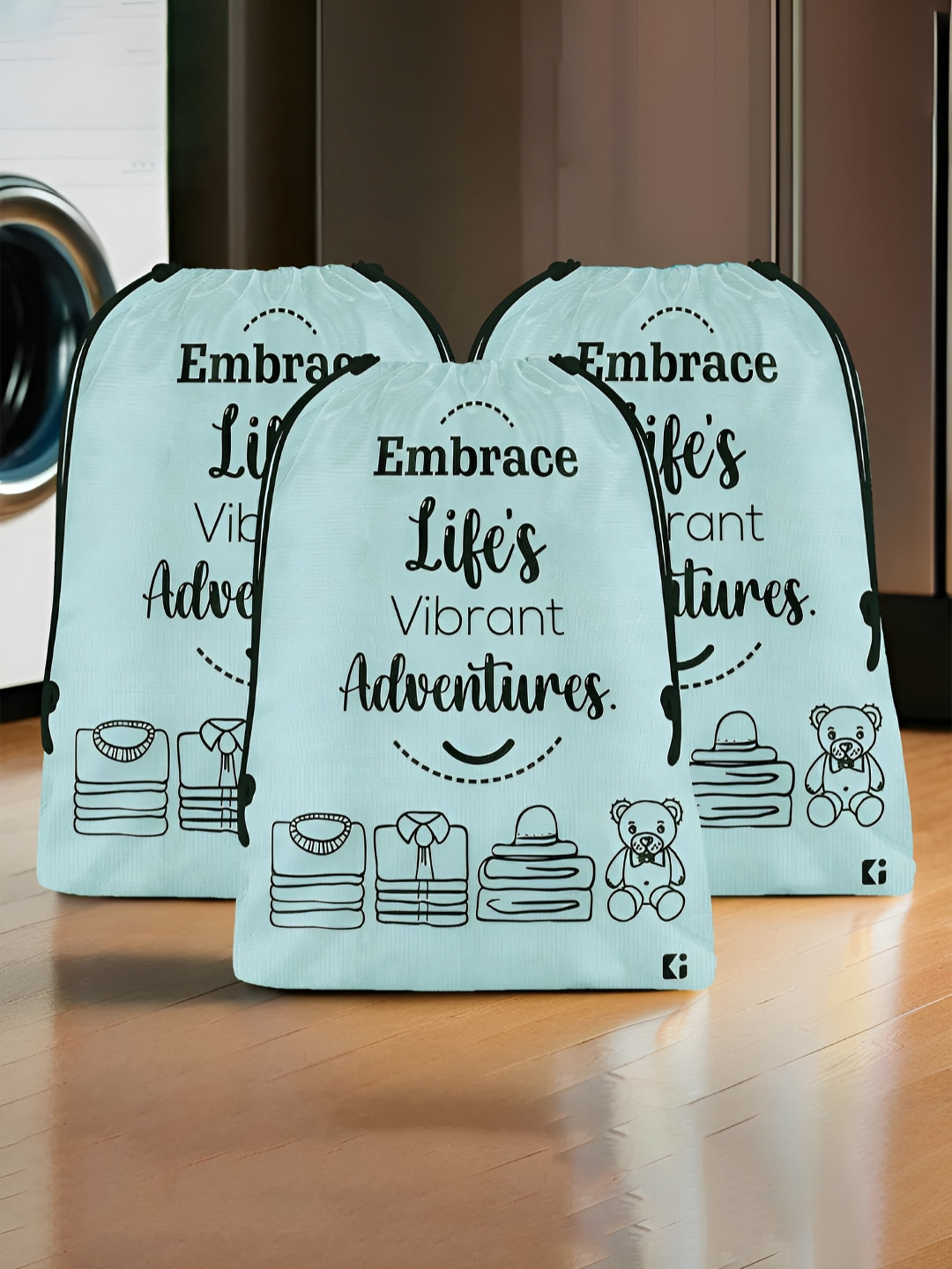 Aura Blue & Black 3 Pieces Printed Foldable Laundry Bags