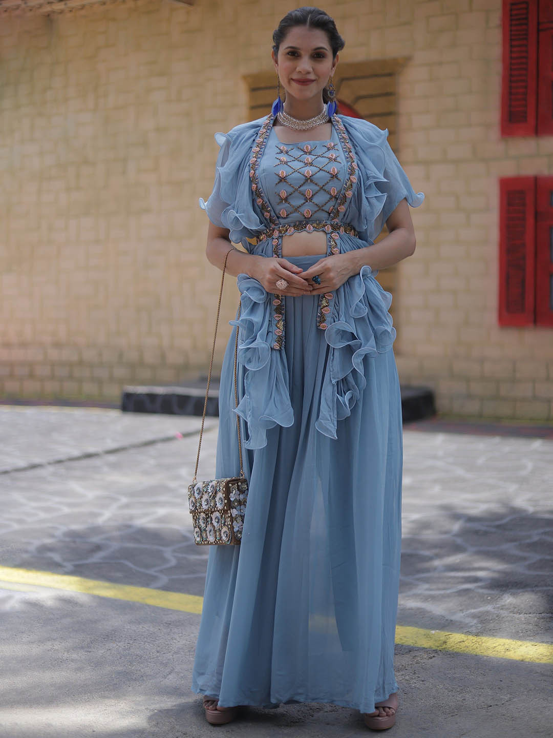GloballyRonakRBafna Embellished Top & Palazzo With Ruffled Jacket & Belt Co-Ords