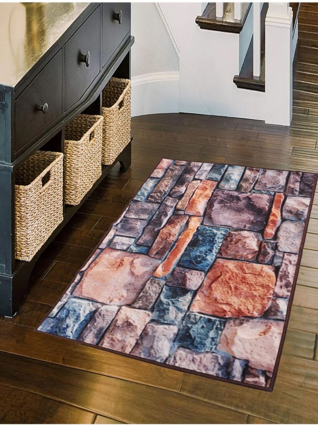 MODEFE Orange & Navy Blue Abstract Anti-Skid Light Carpet