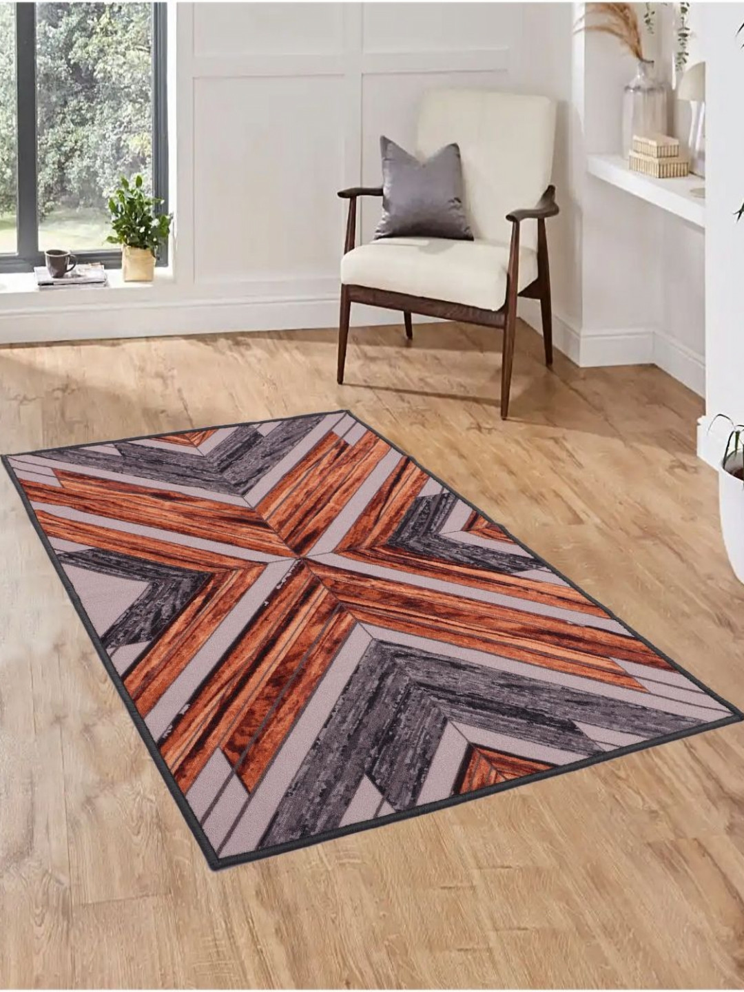 MODEFE Grey Melange & Orange Geometric Anti-Skid Light Carpet