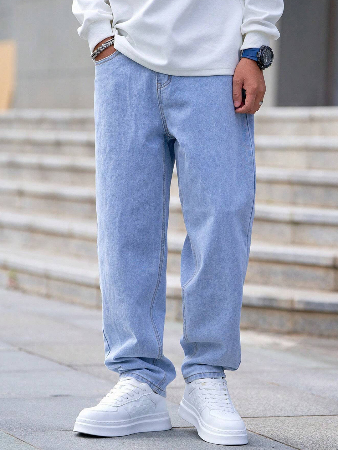 DENIMLOOK Men Baggy Mid-Rise Light Fade Stretchable Jeans