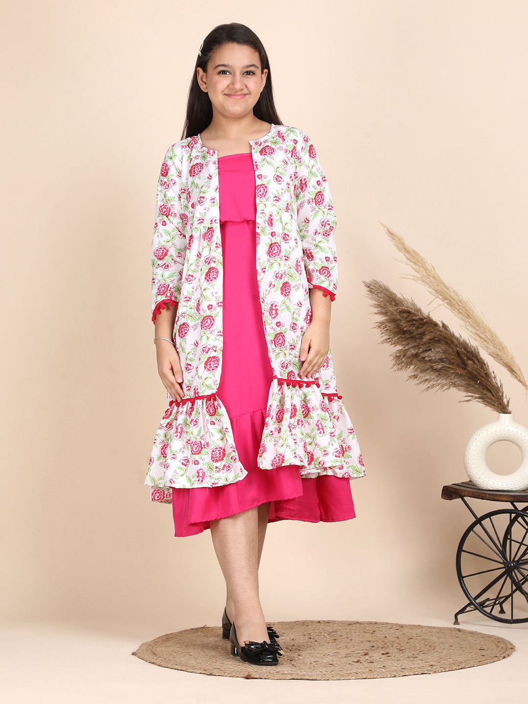 PTVIZE Shoulder Straps Fit and Flare Midi Dress with Jacket