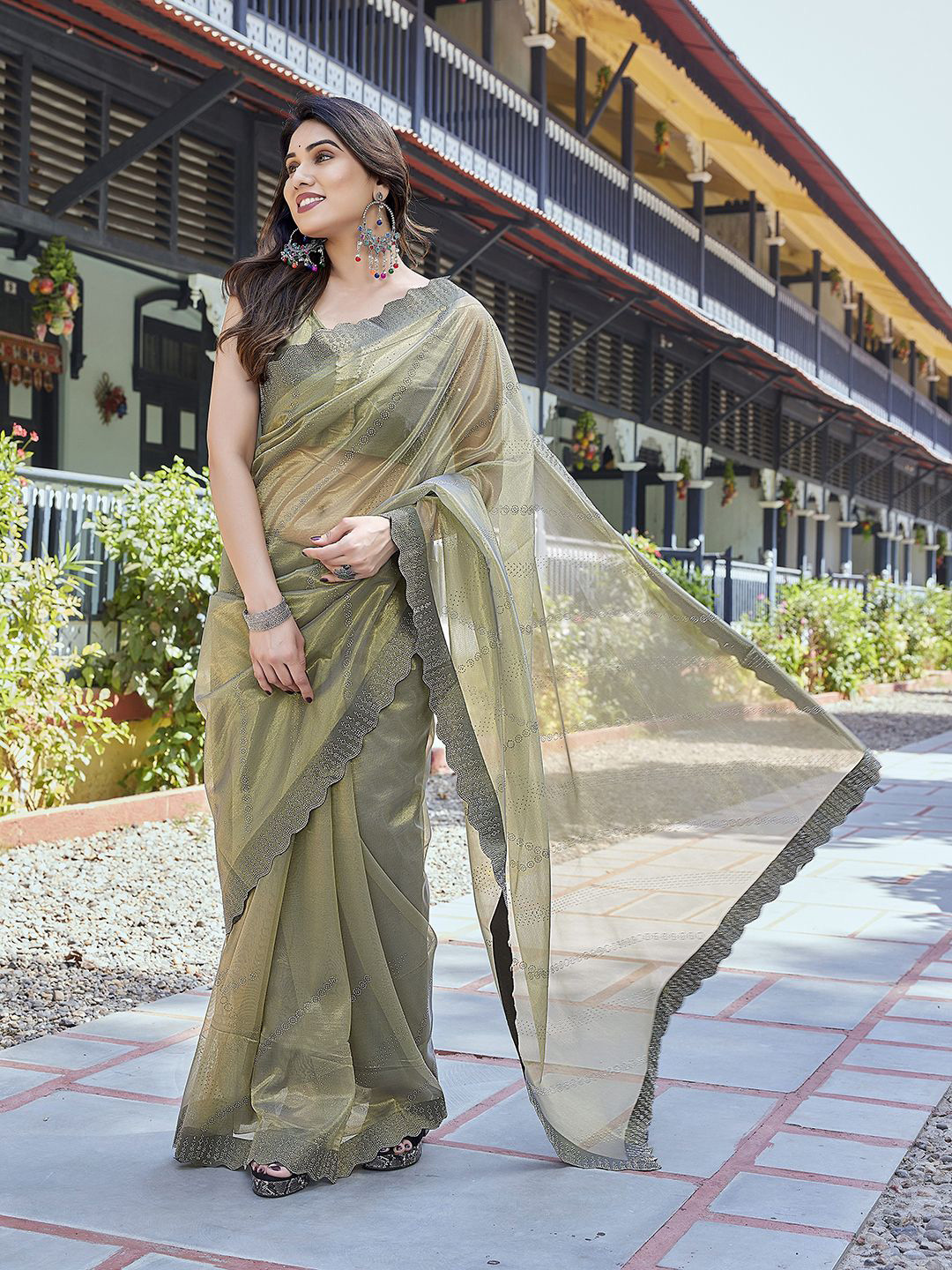 Lookmark Women Embellished Beads and Stones Tissue Saree