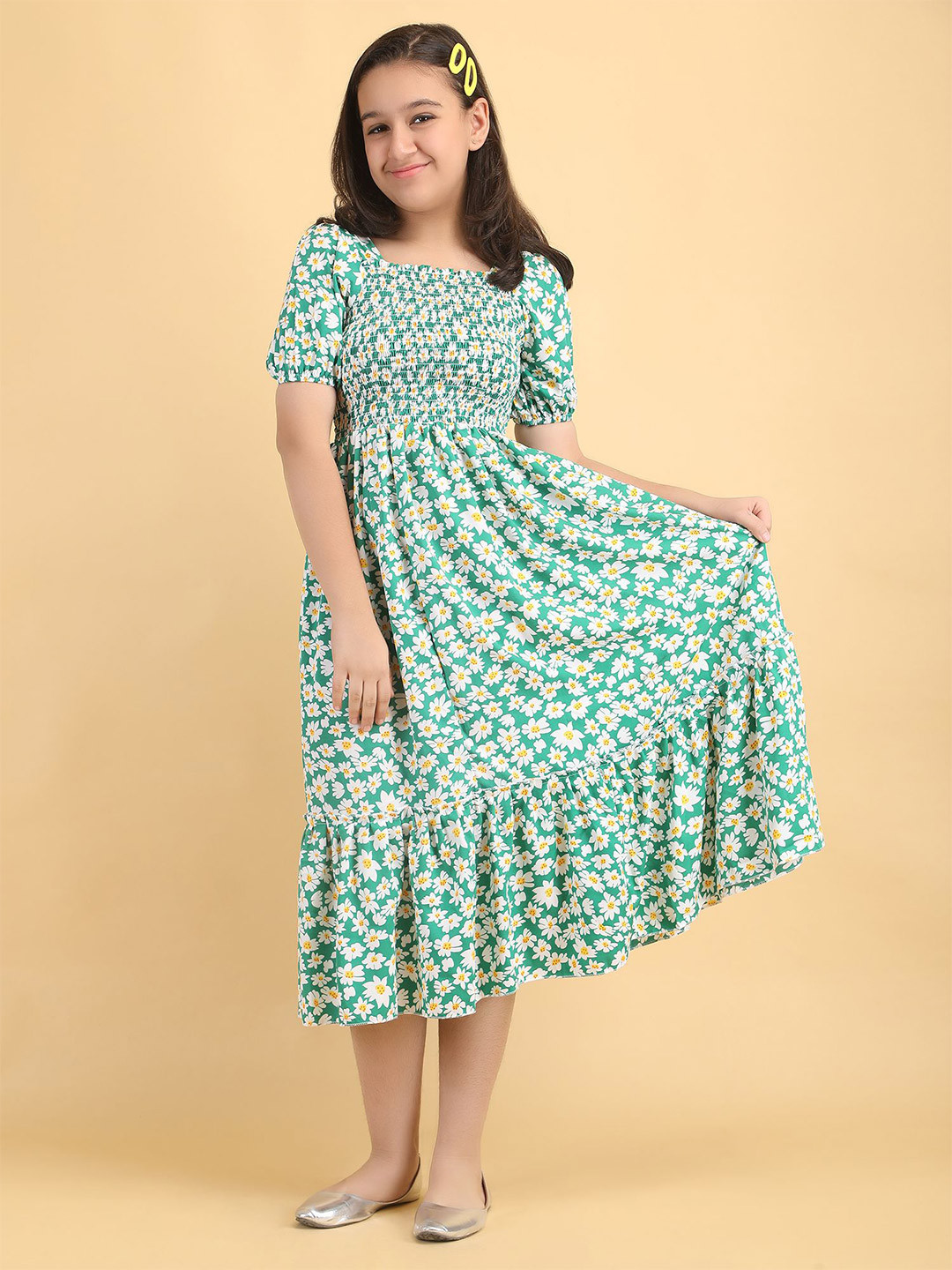 PTVIZE Girls Floral Printed Smocked Fit and Flare Midi Dress