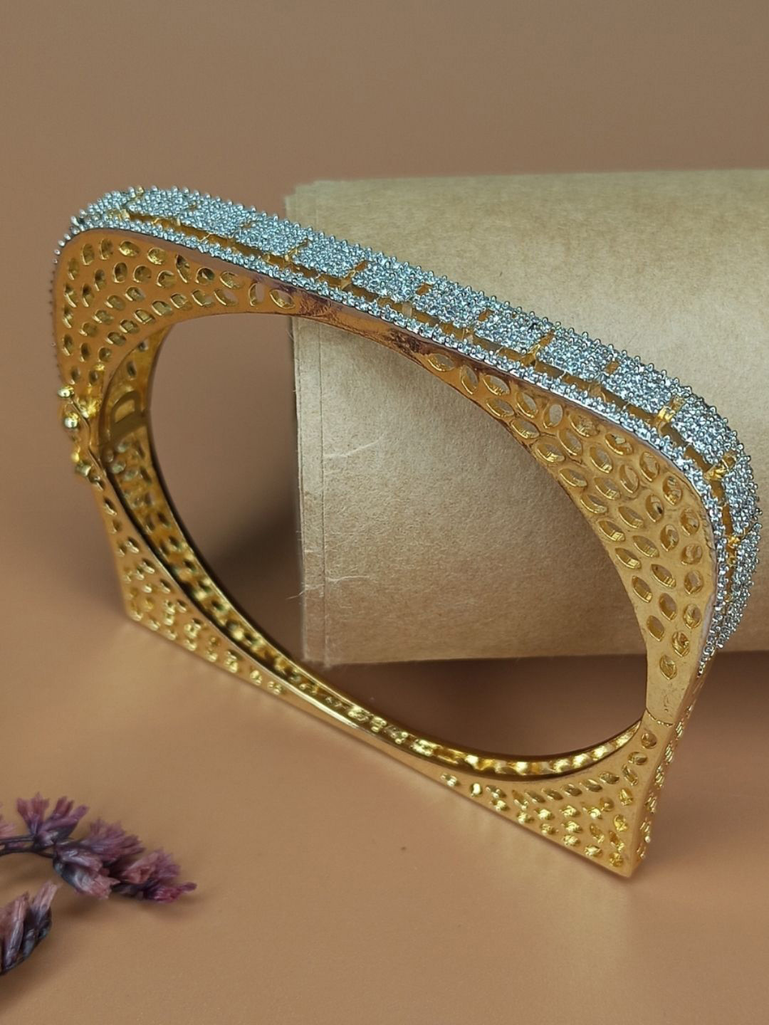 IKSAVA Set Of 2 Gold-Plated Square Pattern American Diamond Studded Bangle-Style Bracelets