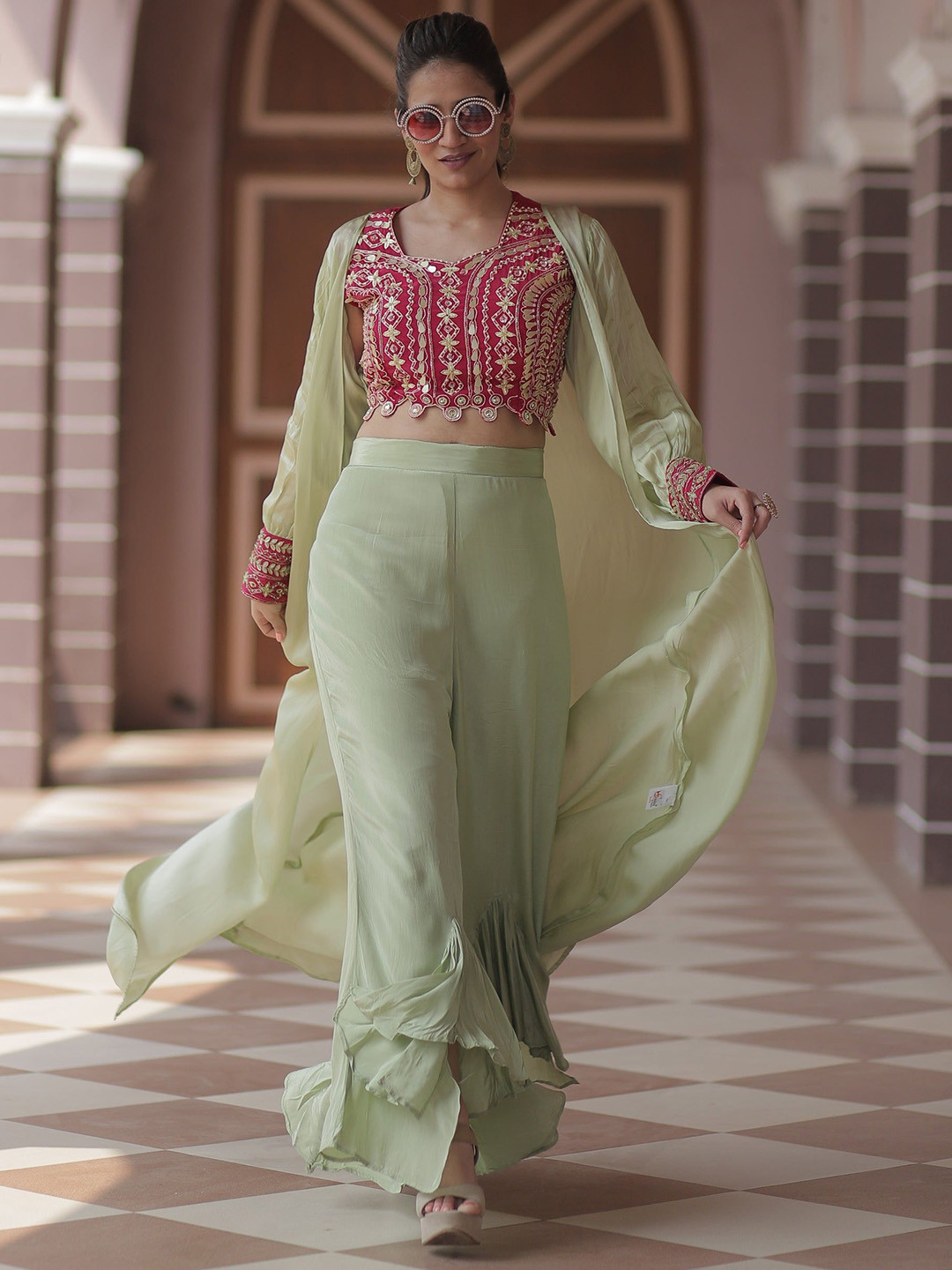 GloballyRonakRBafna Embroidered V-Neck Top & Ruffled Jacket With Palazzos Co-Ords