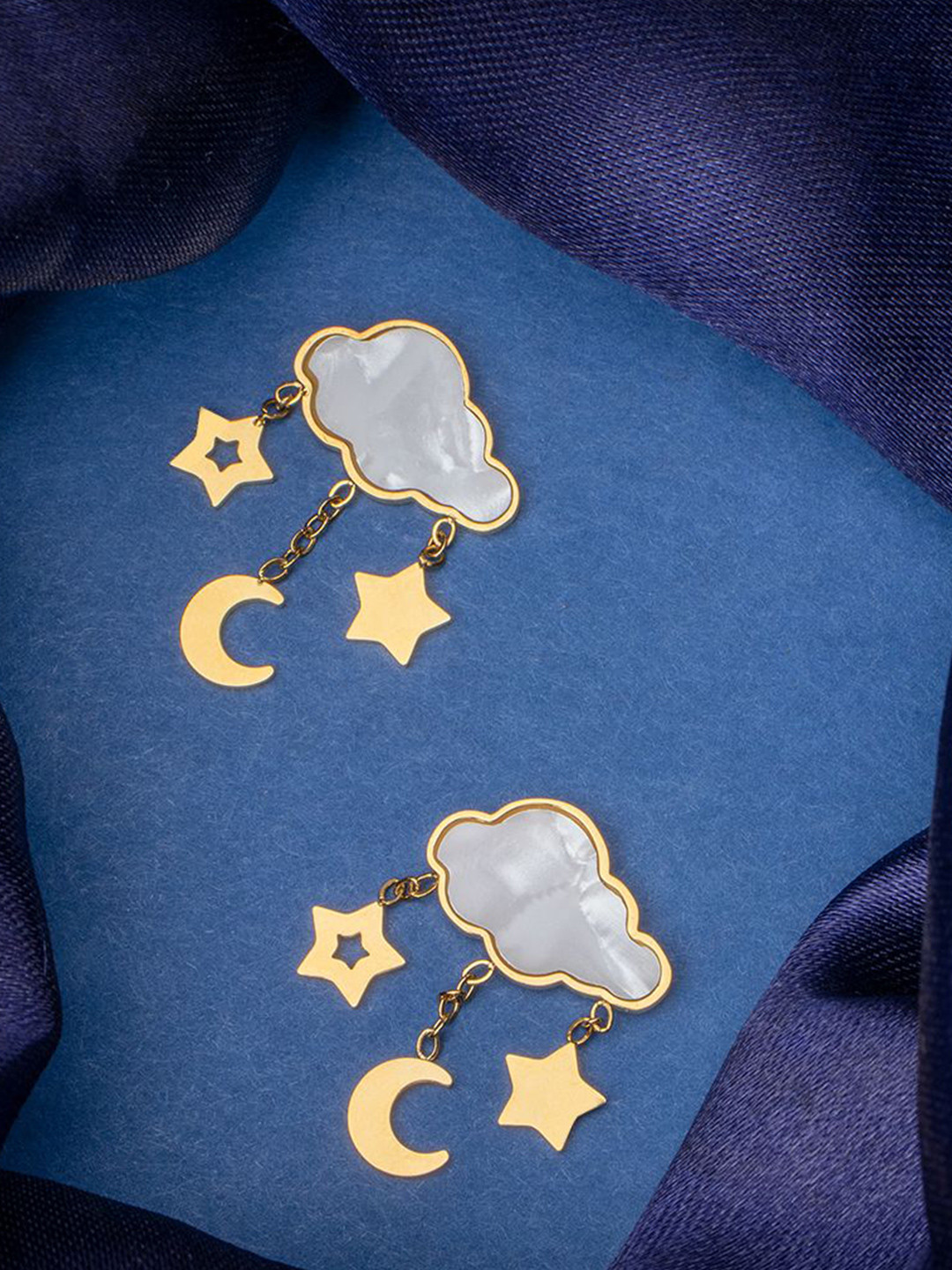 Maasha Stainless Steel Cloud & Celestial Contemporary Drop Earrings