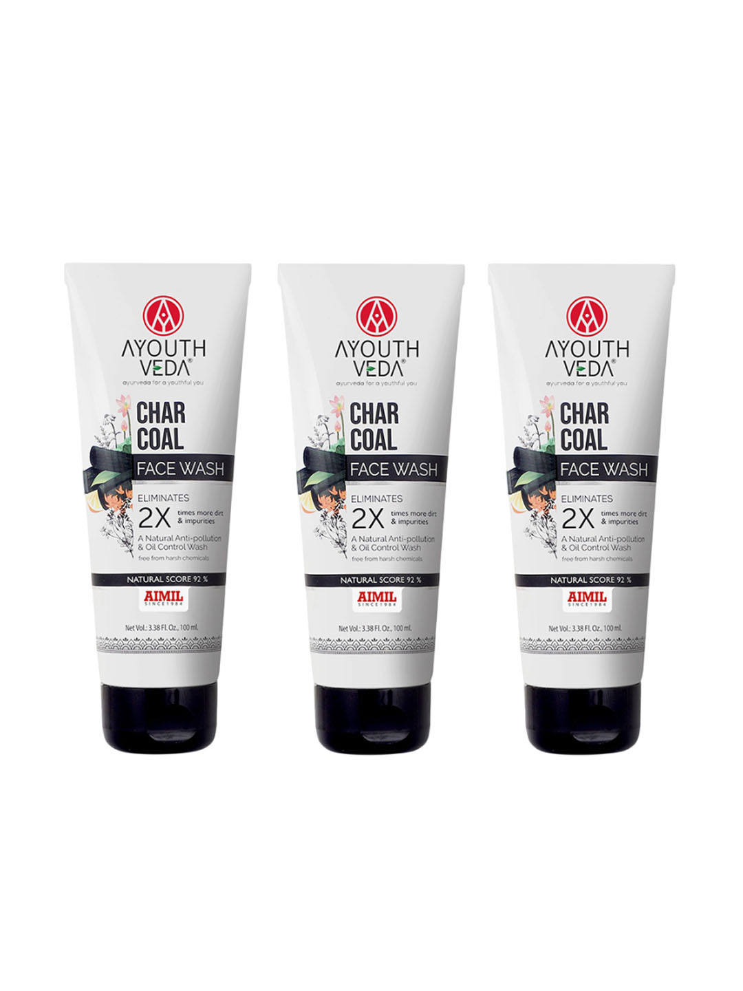 AYOUTHVEDA Set Of 3 Oil Control Charcoal Face Wash - 100 ml Each