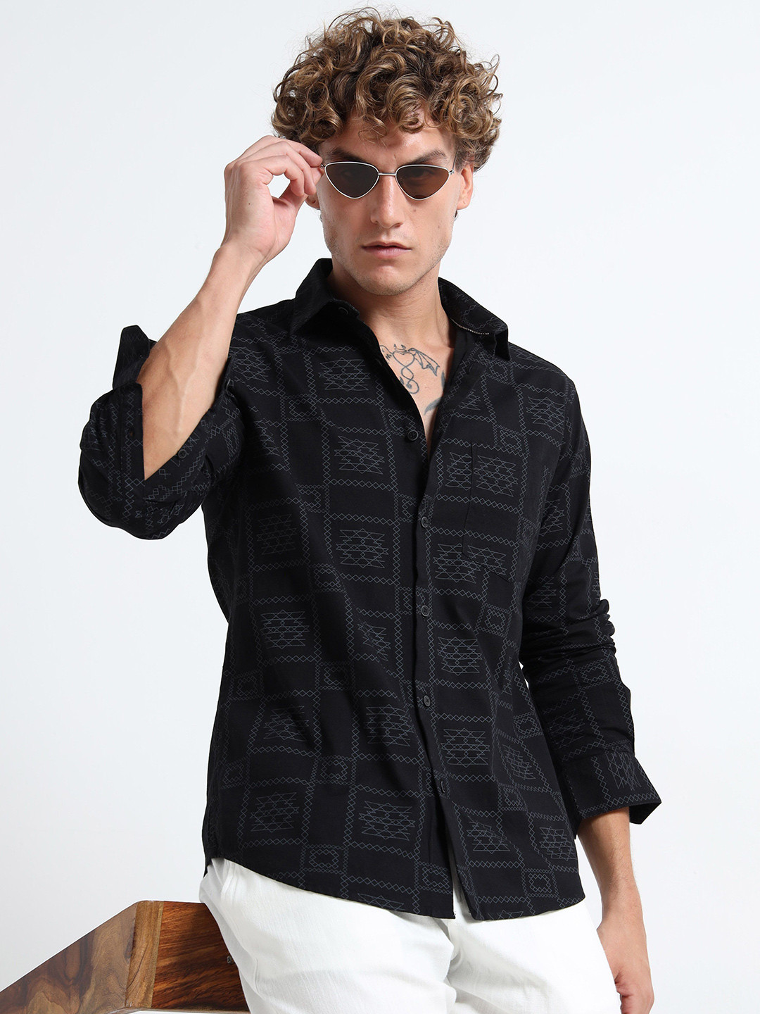 MARTIN SMITH Geometric Printed Long Sleeves Cotton Shirt