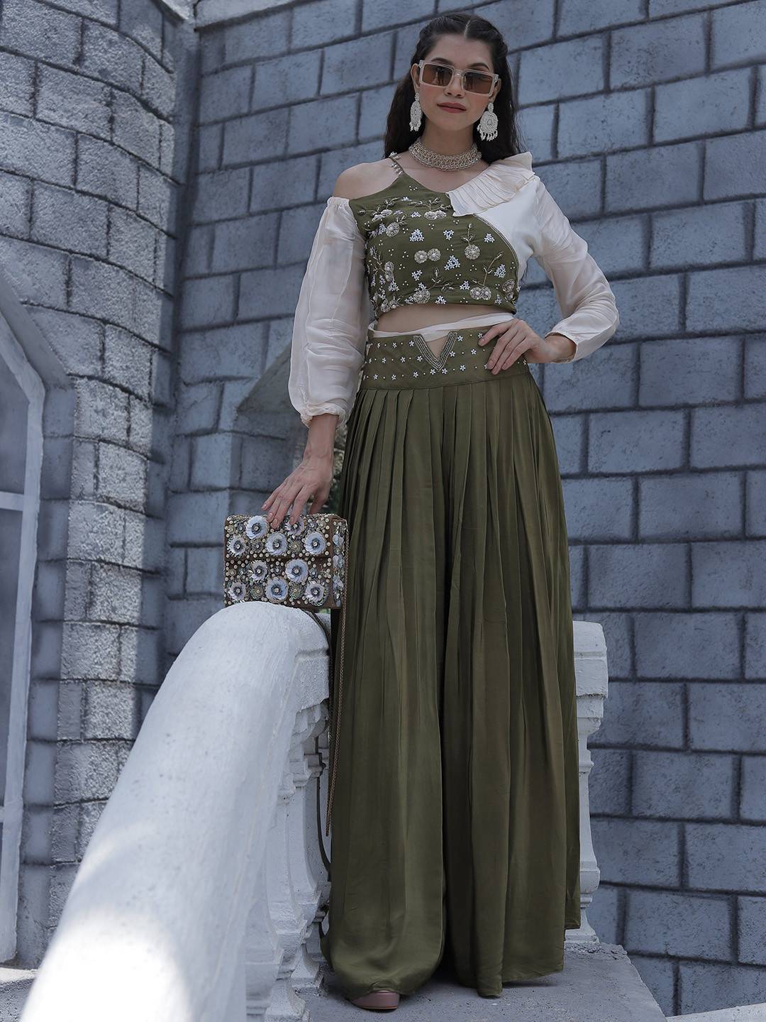 GloballyRonakRBafna Embellished V Neck Asymmetrical Top With Pleated Pants Co-Ords