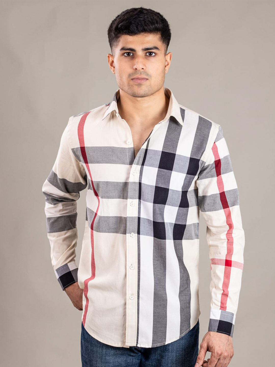 Suture Craft Men India Slim Fit Windowpane Checked Spread Collar Cotton Casual Shirt