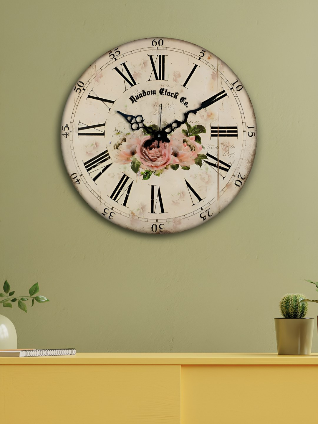 RANDOM Off White & Black Floral Printed Analogue Contemporary Silent Wall Clock