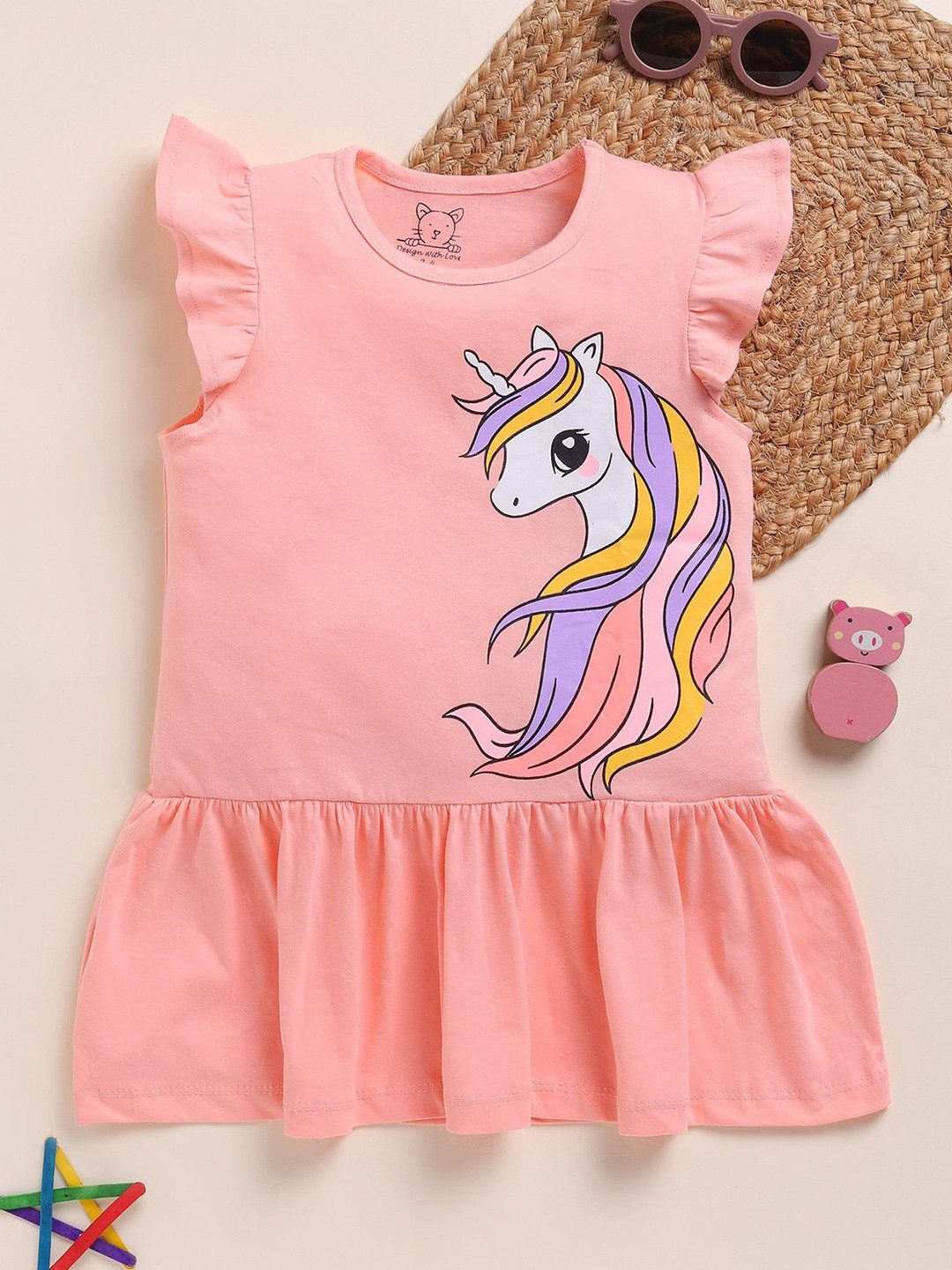 Lazy Shark Girls Graphic Printed Flutter Sleeve Drop-Waist Dress