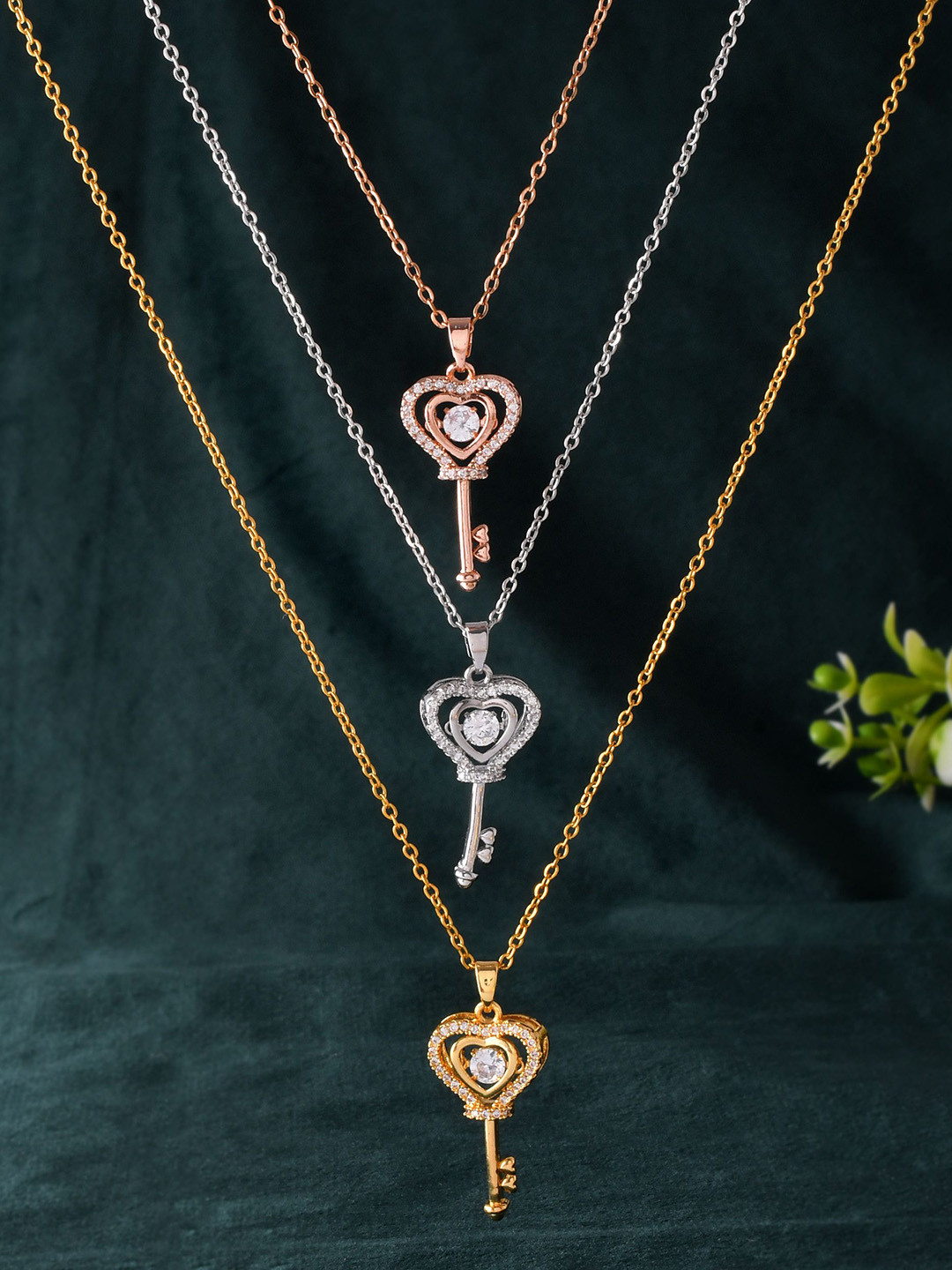 PASU FASHION Unisex Stainless Steel Gold-Plated Stones Studded Key Design Pendant & Chain