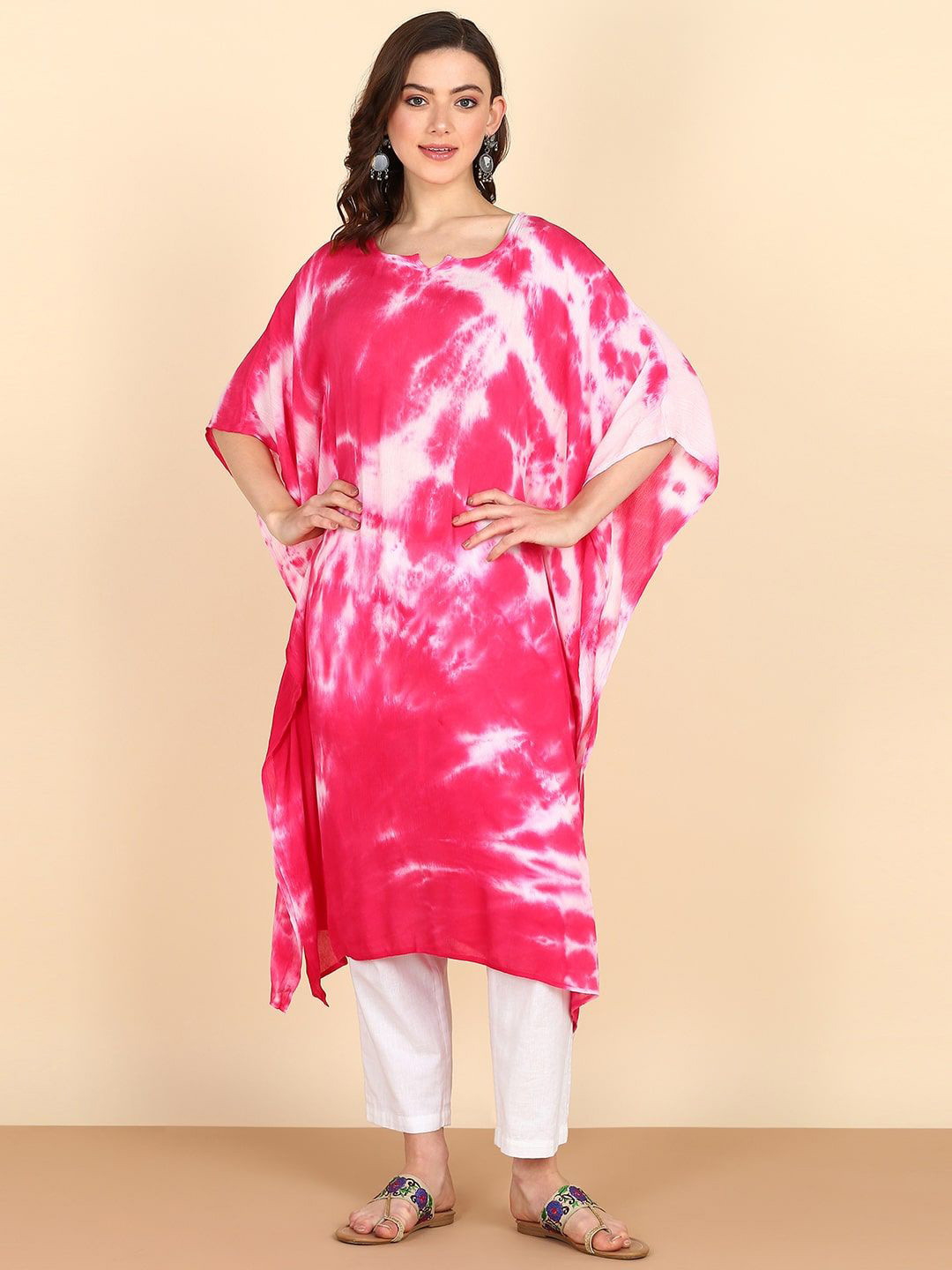 PinkTribe Women Round Neck Tie & Dye Flared Sleeves Kaftan Kurta