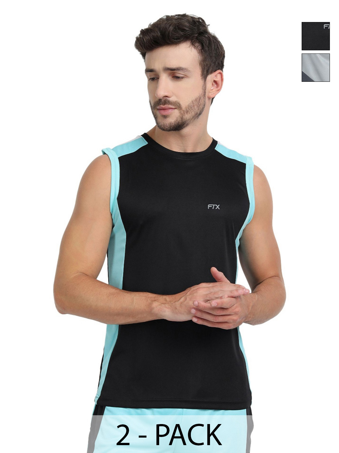FTX Pack Of 2 Colourblocked Round Neck Sleeveless Regular Fit Sports T-shirts