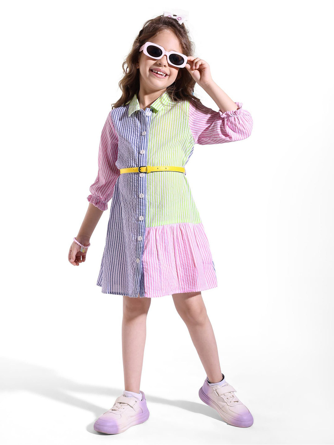 Hola Bonita Girls Striped Colourblocked Cotton Shirt Dress With Belt
