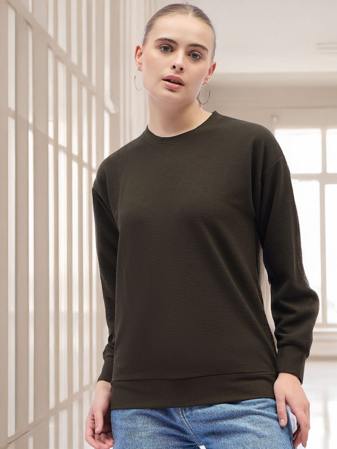 ANJIR Women Textured Round Neck Sweatshirts