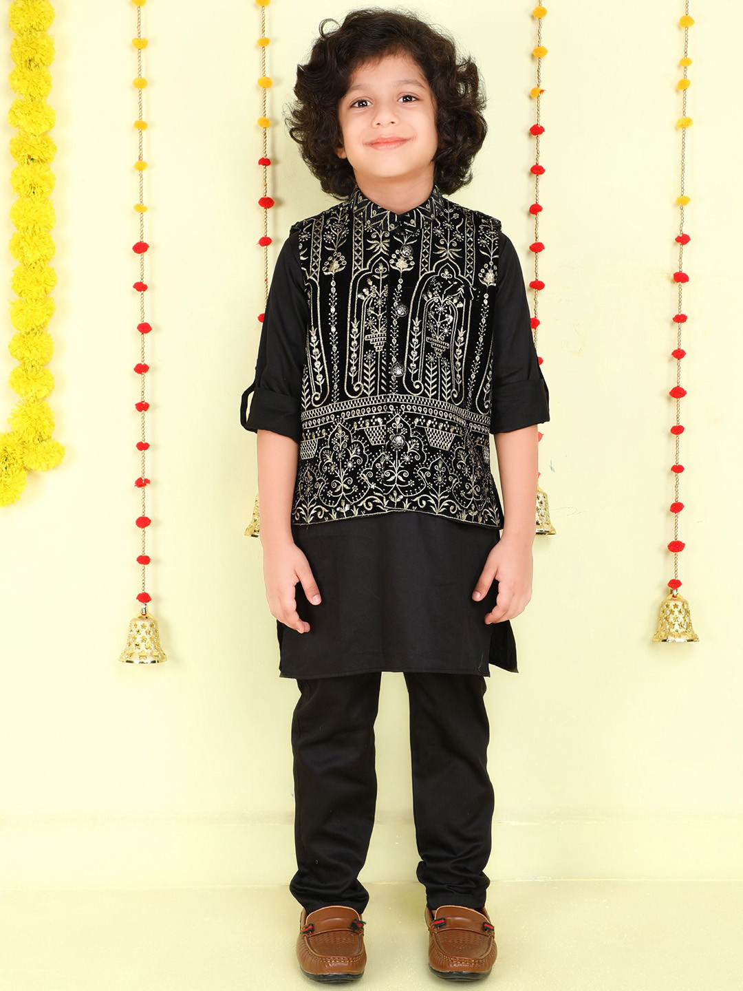 Ministitch Boys Mandarin Collar Cotton Silk Kurta With Pyjama