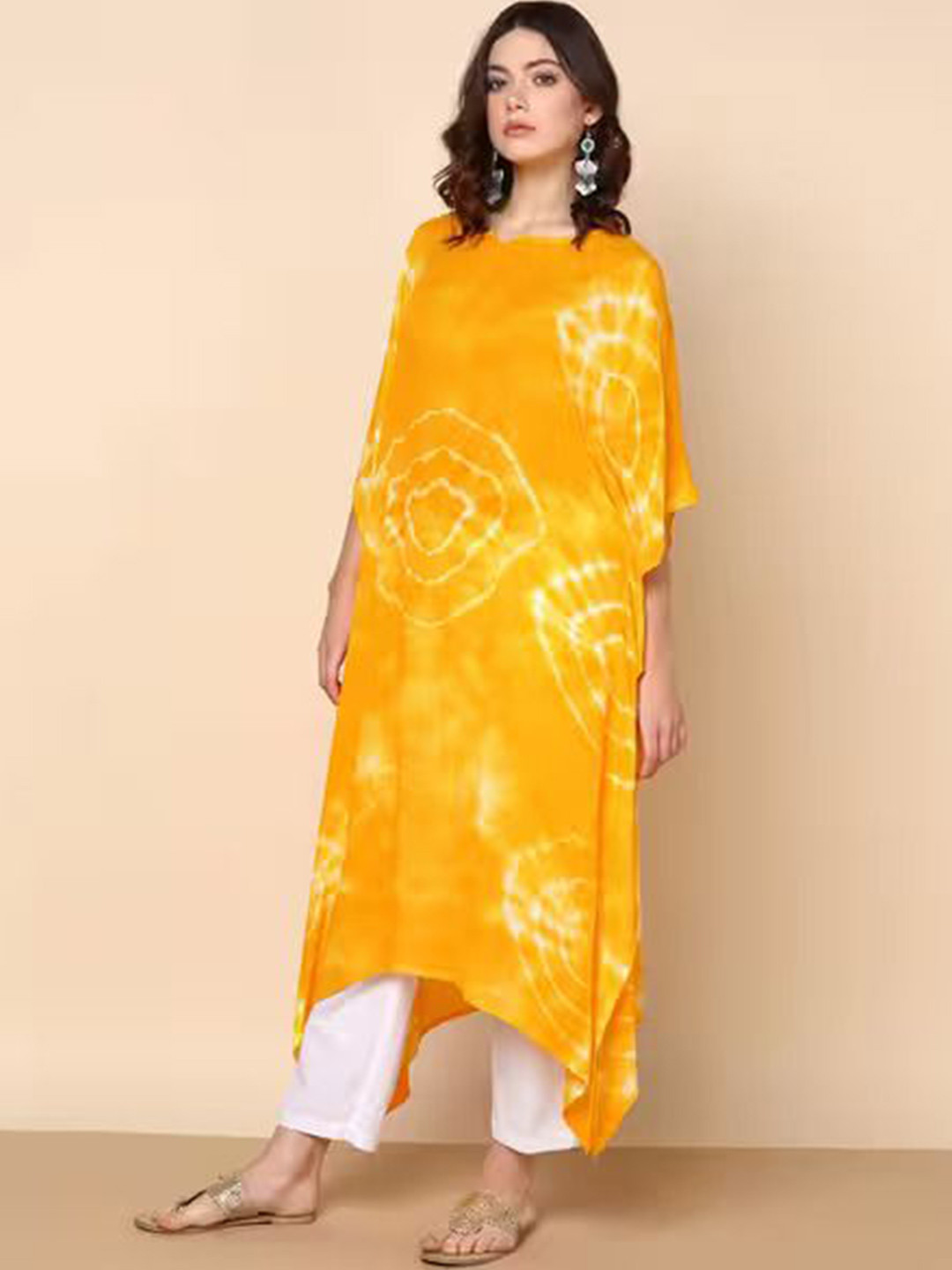 PinkTribe Women Tie and Die Dyed Round Neck Flared Sleeves Kaftan Kurta