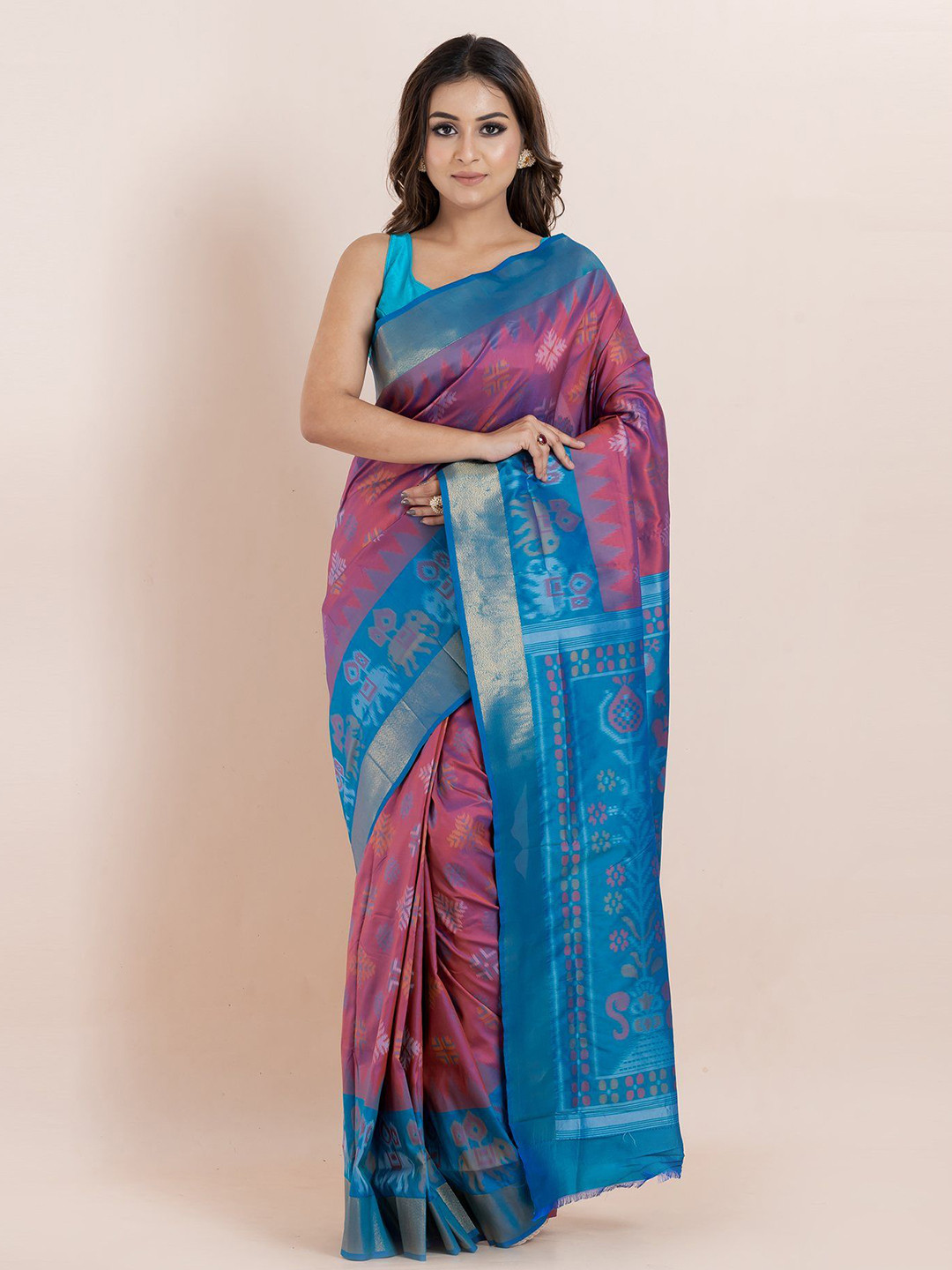 HERE&NOW X Kavvya Colourblocked Printed Half and Half Banarasi Saree  With Blouse Material