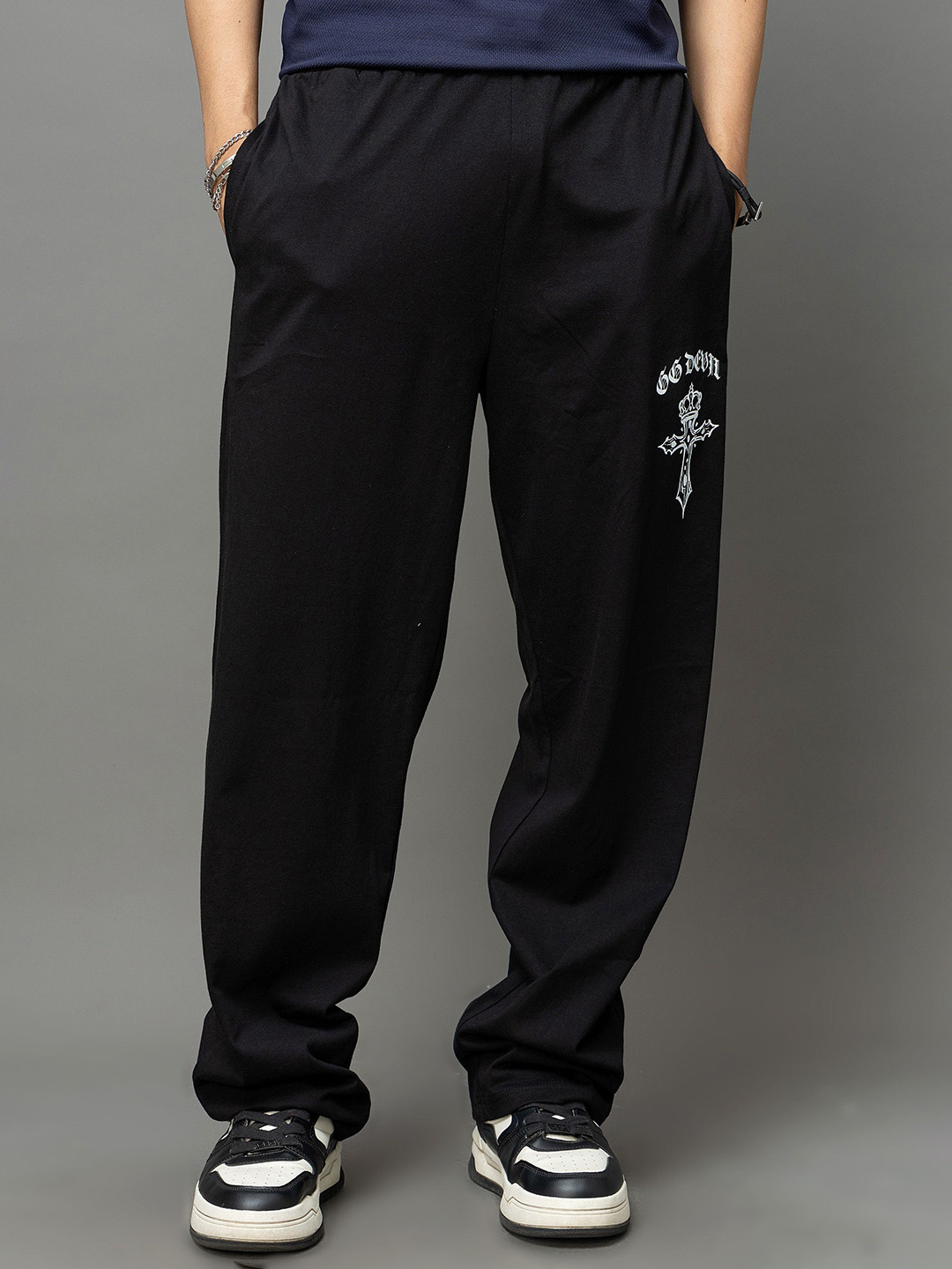 GO DEVIL Men Gothic Cross Print Black Joggers