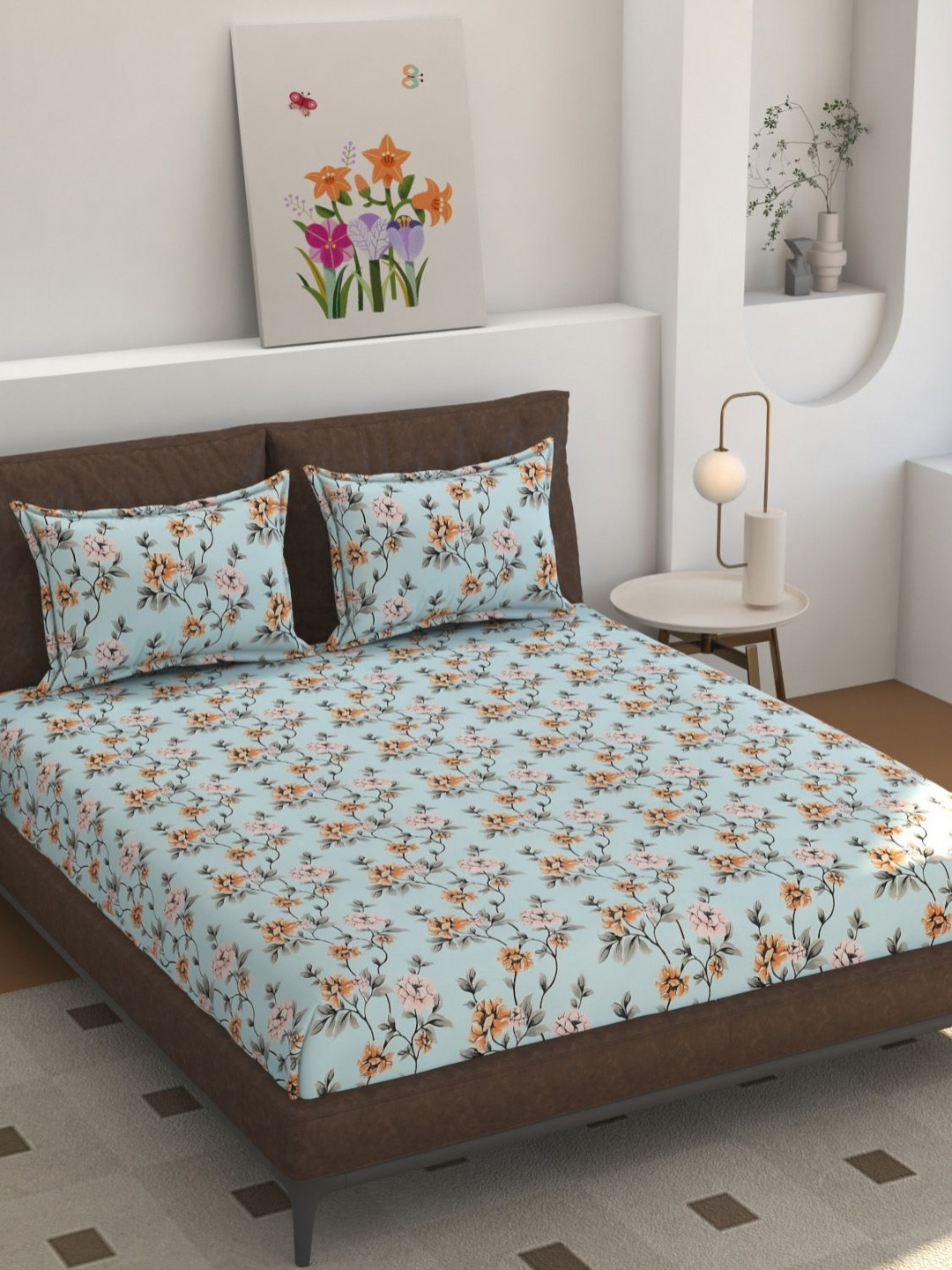 Florida Turquoise Blue & Grey Floral 160 TC King Bedsheet Set 275 cm X 228 cm