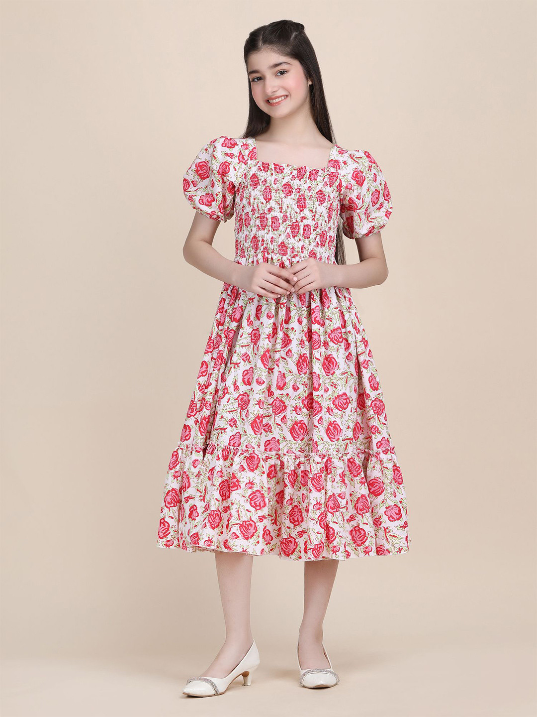 PTVIZE Girls Floral Printed Square Neck Puff Sleeve Smoked Fit & Flare Midi Dress