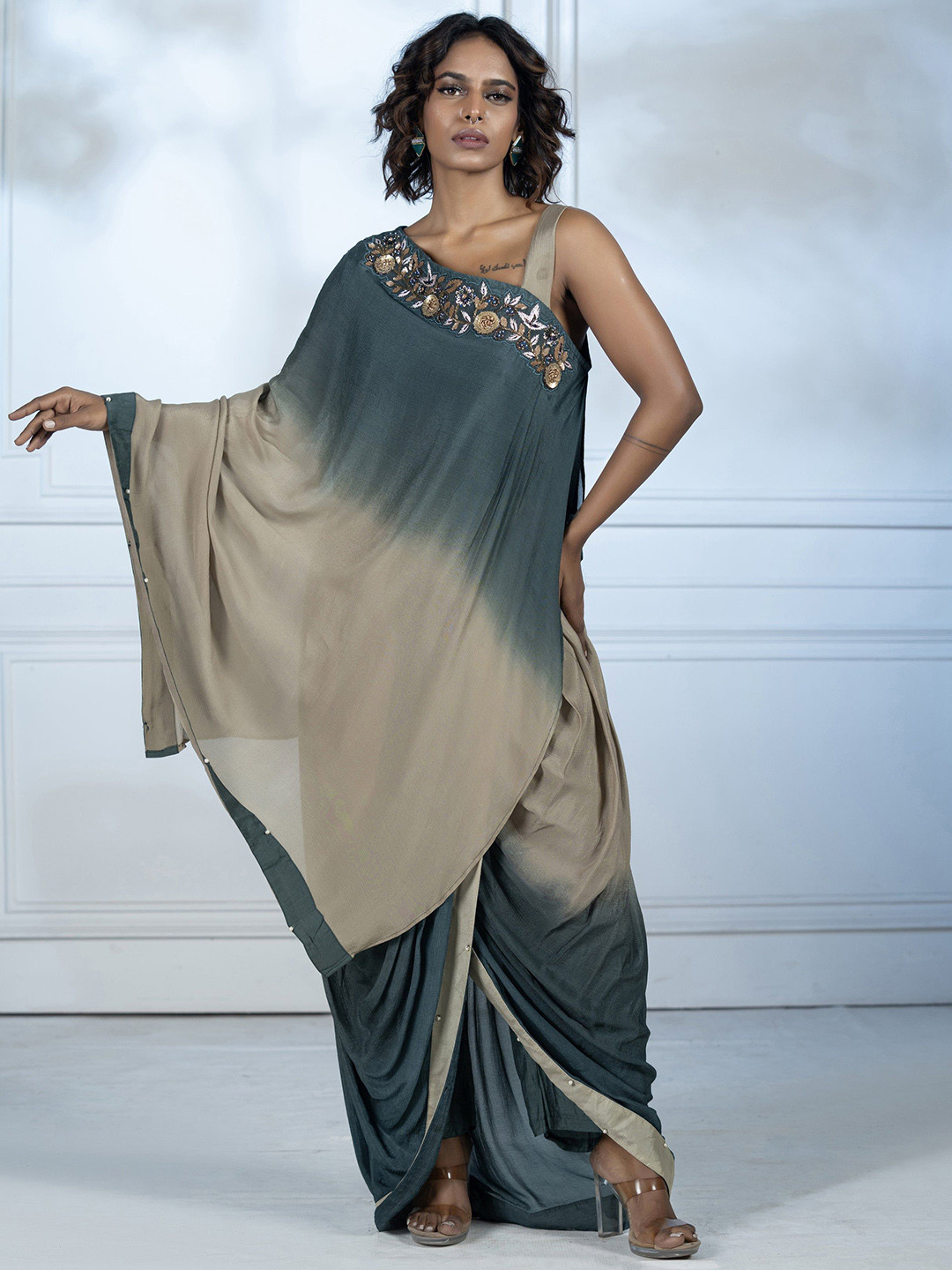 GloballyRonakRBafna Dyed One Shoulder Top With Dhoti Co-Ords