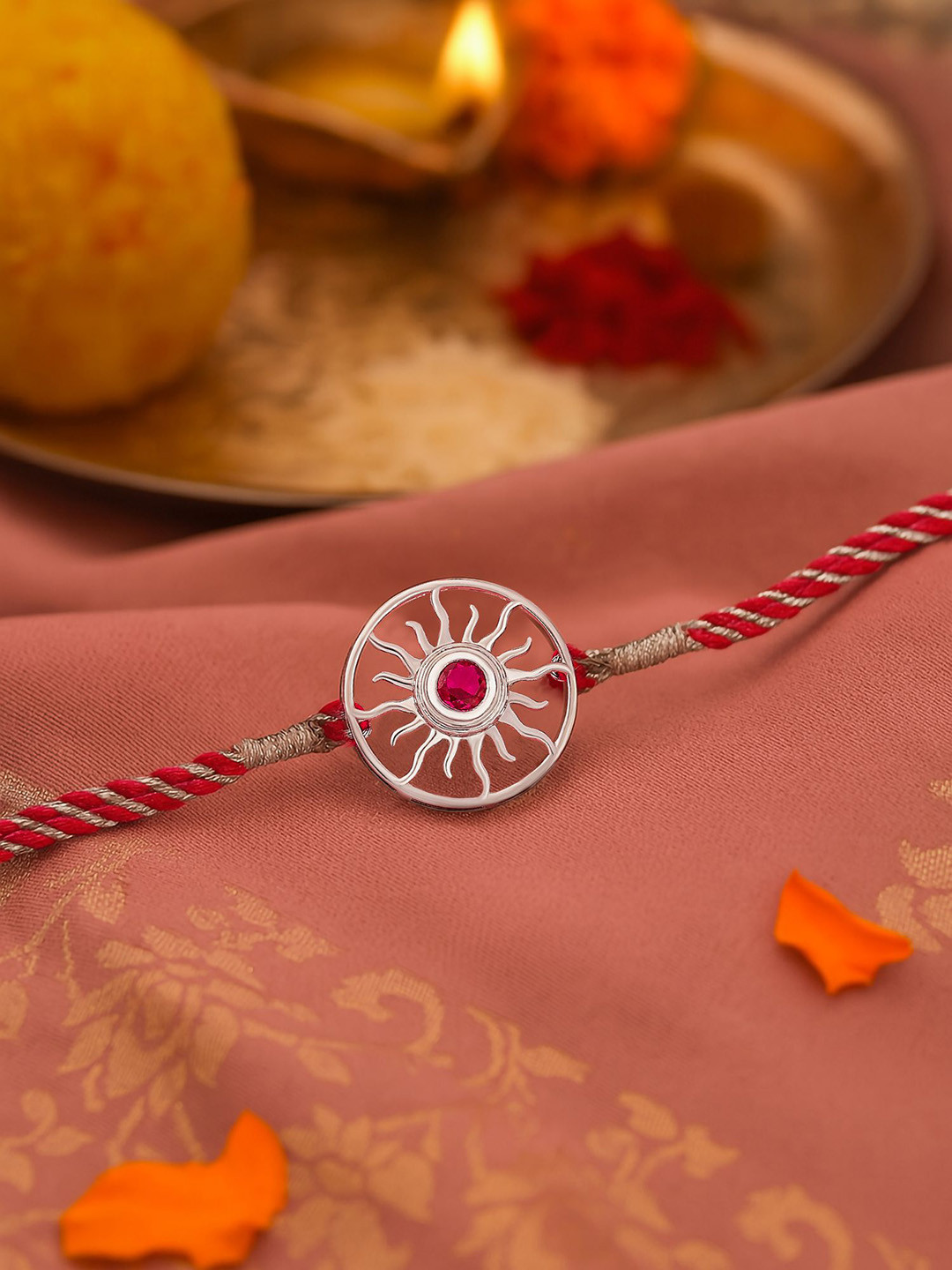 Ornate Jewels 925 Silver Red Cubic Zirconia Sun Rakhi With Roli Chawal