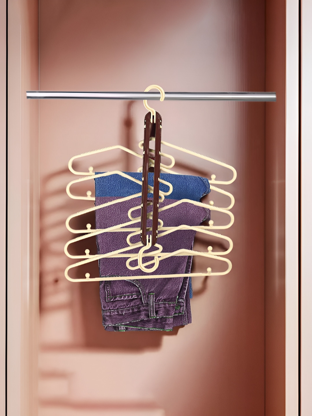 Aura Cream-Coloured & Brown 5 In 1 Folding Hangers