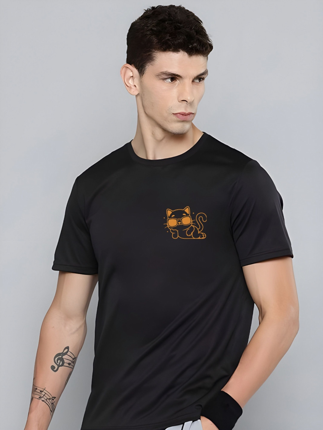 SZN Black and Orange Graphic Printed Round Neck T-shirt