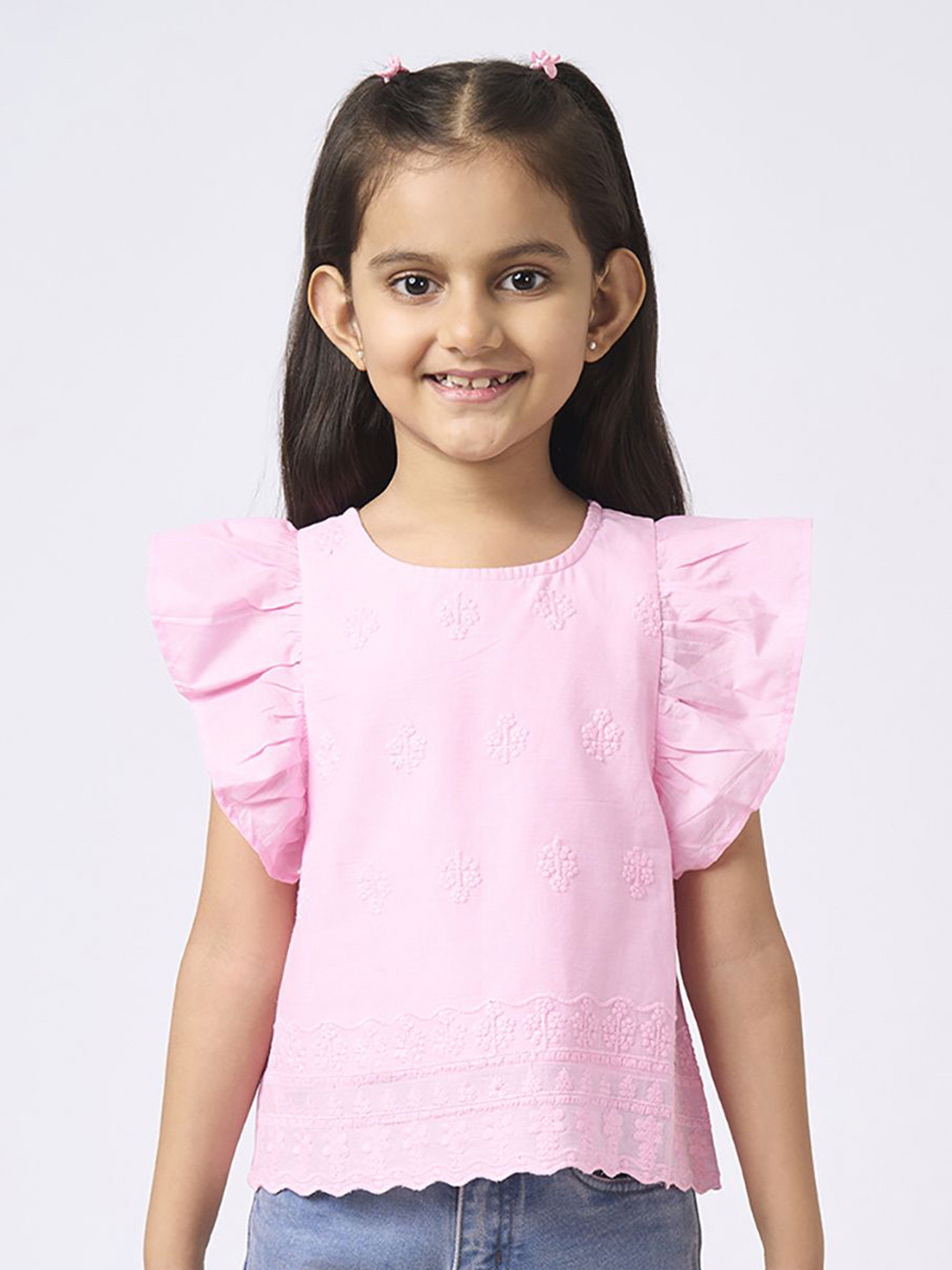 Ed-a-Mamma Girls Floral Embroidered Flutter Sleeve Cotton Top