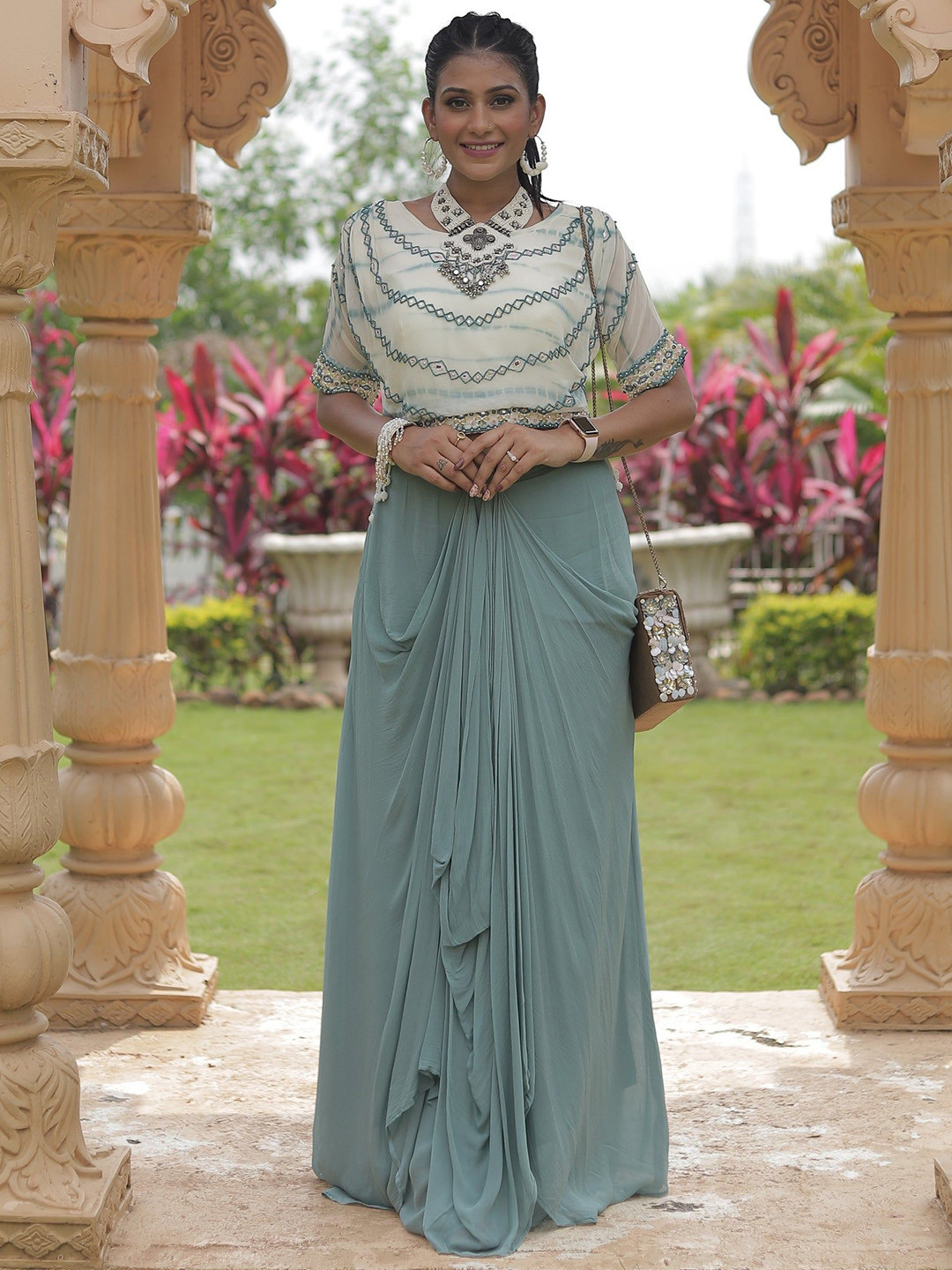 GloballyRonakRBafna Embellished V Neck Tye Dye Top With Cowled Skirt Co-Ords