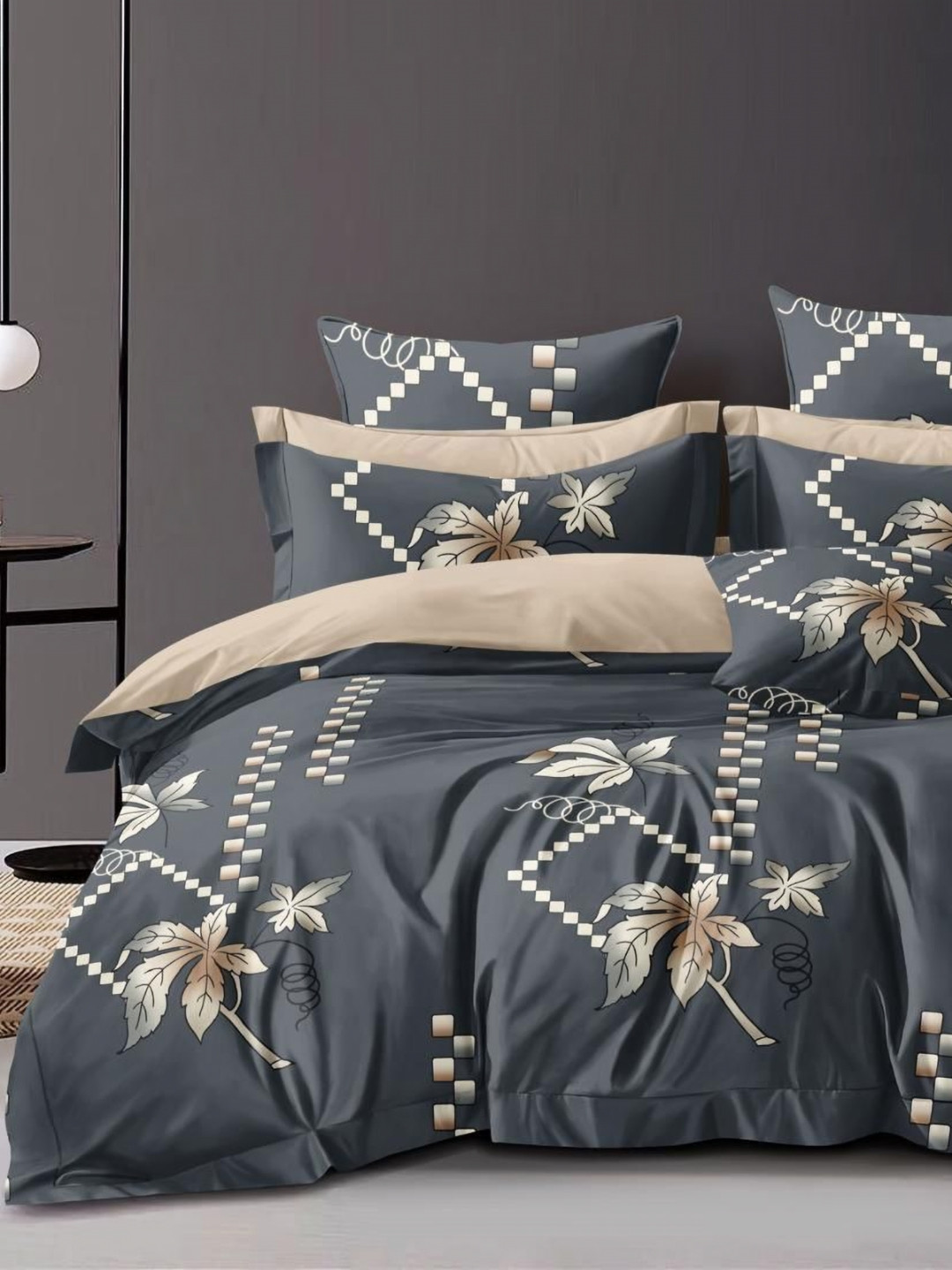 Bajo's Grey & Beige Floral 300 TC Flat Queen Bedsheet Sets - 225 cm X 250 cm