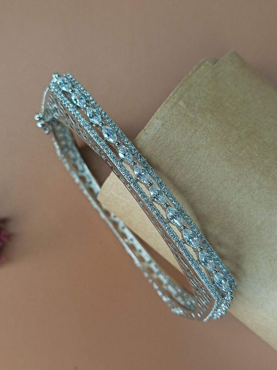 IKSAVA Silver-Plated American Diamond Studded Double Layer Bangle-Style Bracelet