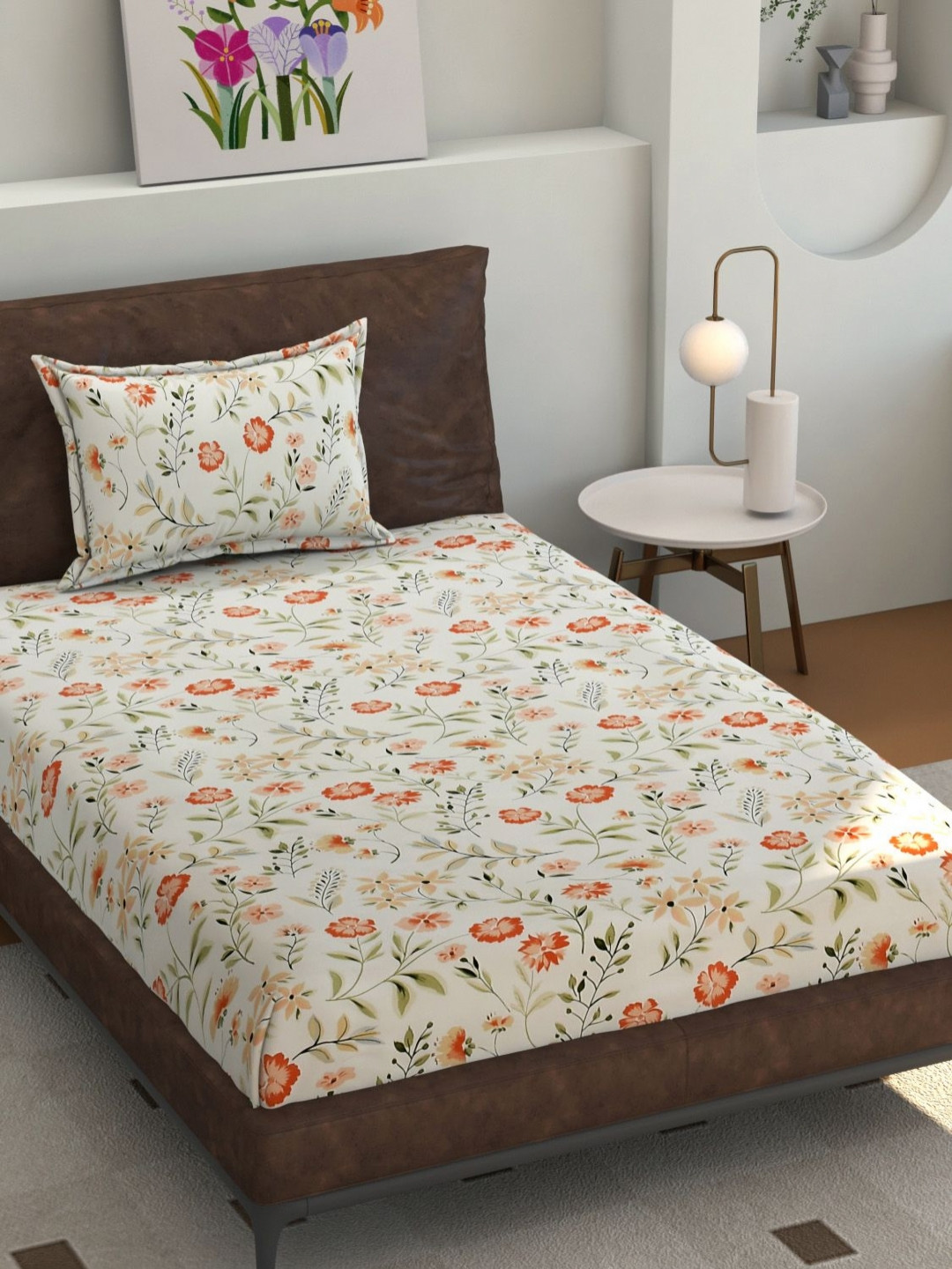 Florida Off White & Orange Floral 160 TC Single Bedsheet Set 155 cm X 228 cm