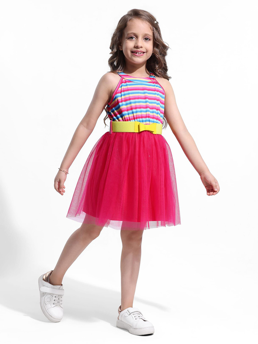 Hola Bonita Girls Candy Stripes Ribbed Tulle Fit & Flare Dress with Belt