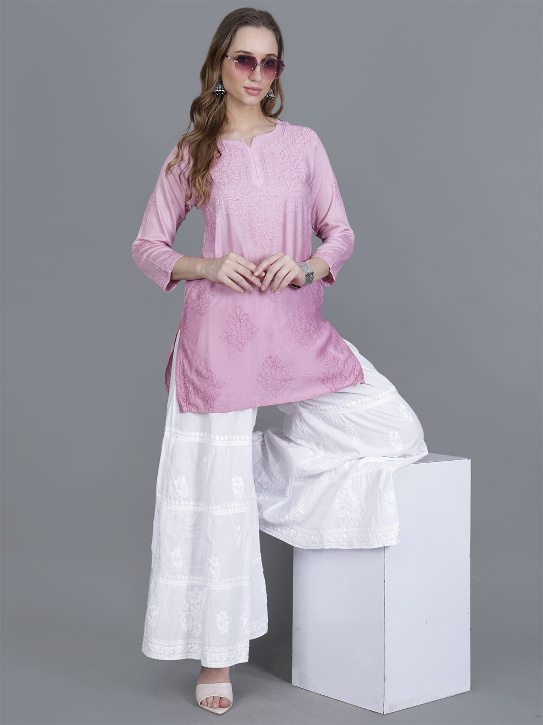 NAZAQAT ETHNIC INDIA Women Chanderi Chikankari Short Kurti with Bakhhiya Work