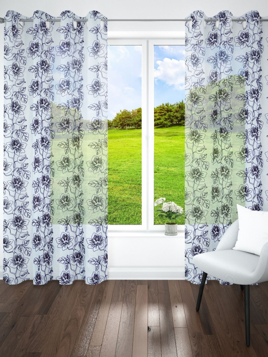 Parda Online White & Violet Set of 2 Floral Printed Sheer Door Curtain