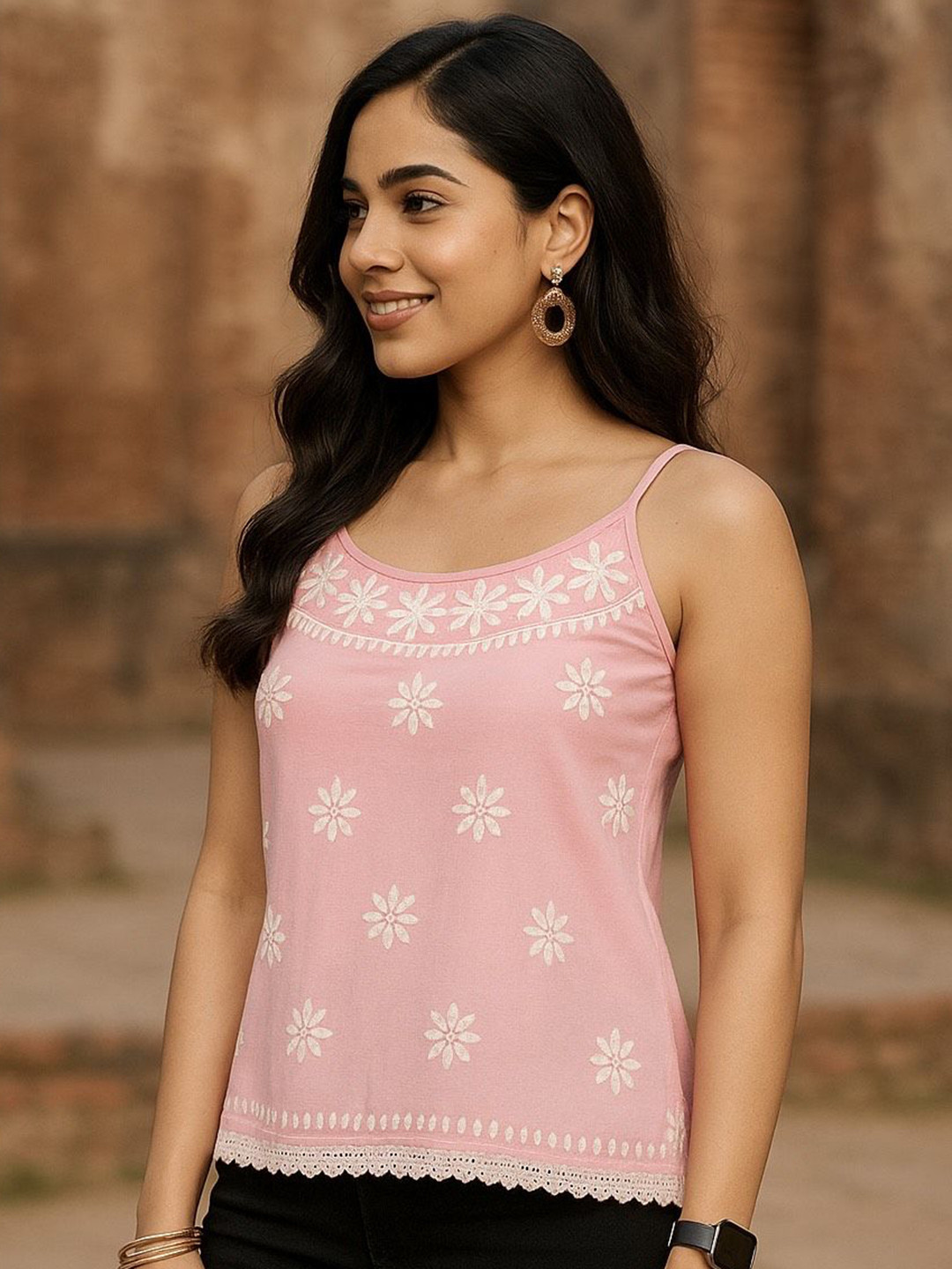 ADR CHIKAN  Women Ethnic Motifs Embroidered Noodle Strap Lace Inserts Modal Top