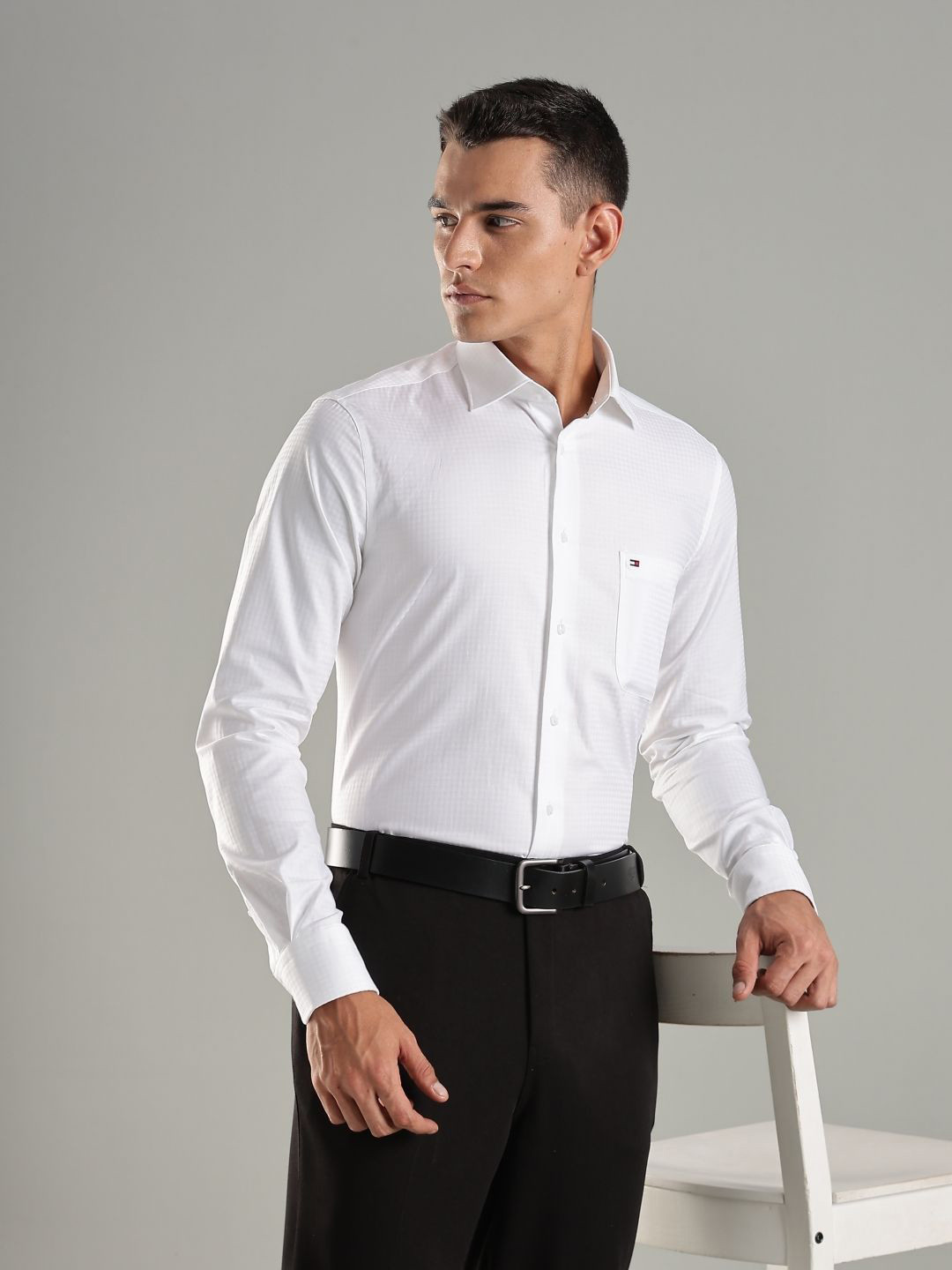 Tommy Hilfiger Europe Self Design Spread Collar Pure Cotton Formal Shirt