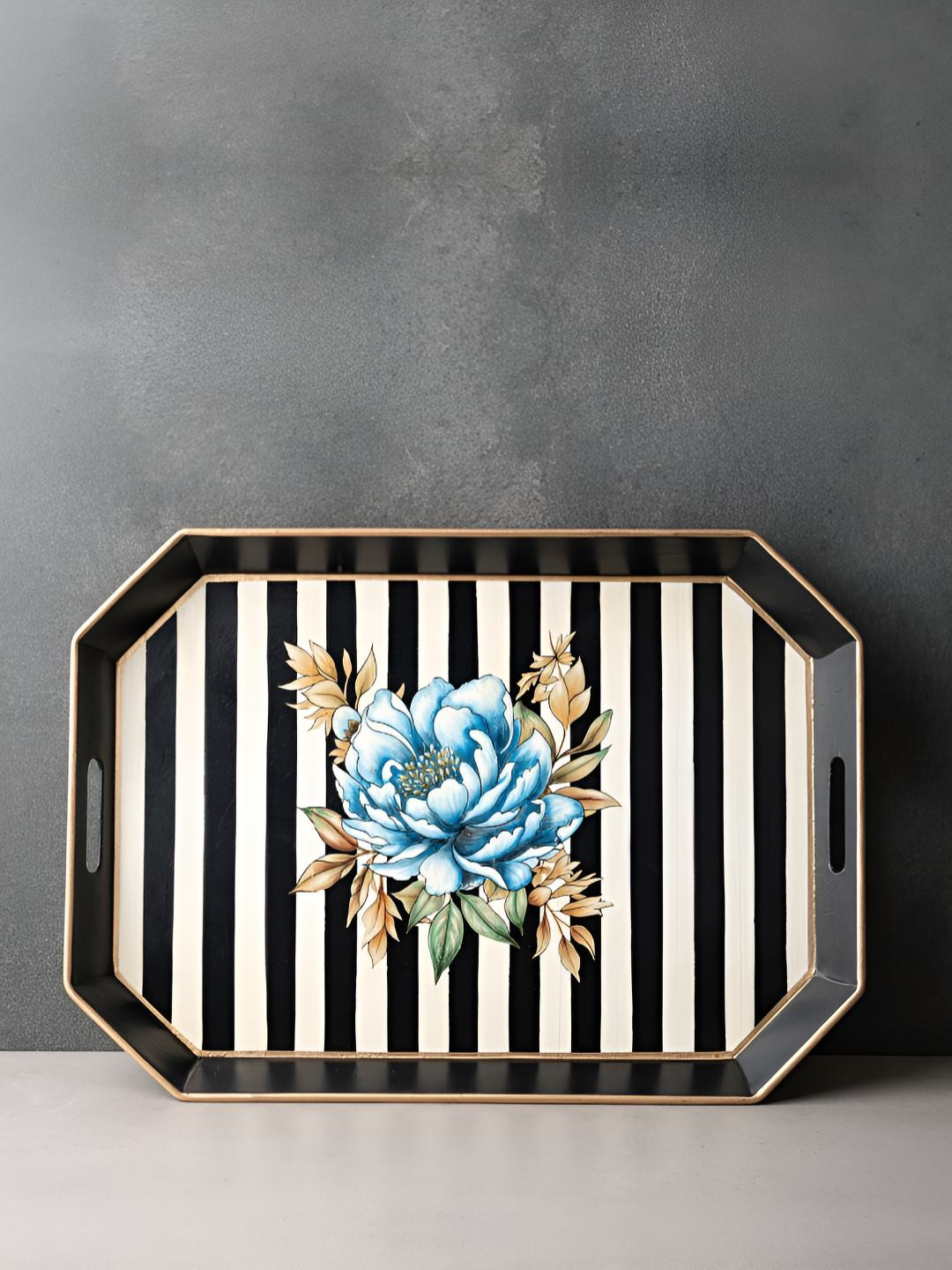 Amaara Home Black Floral Painted Serving Tray