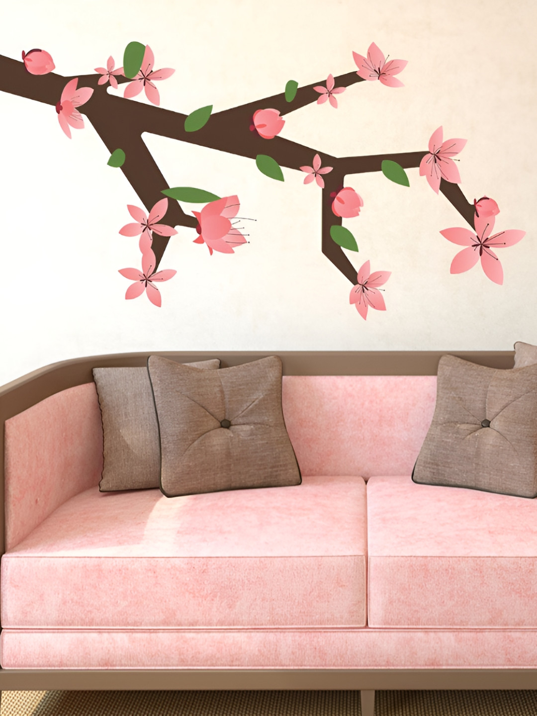 LANSTICK Pink & Brown Tree With flower Printed Waterproof Wallpaper