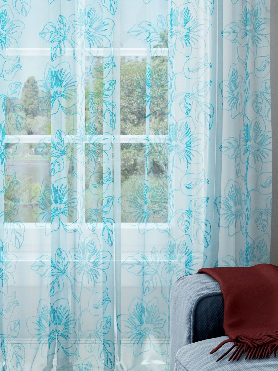 Parda Online Blue & White 2 Pieces Embroidered Floral Sheer Long Door Curtain