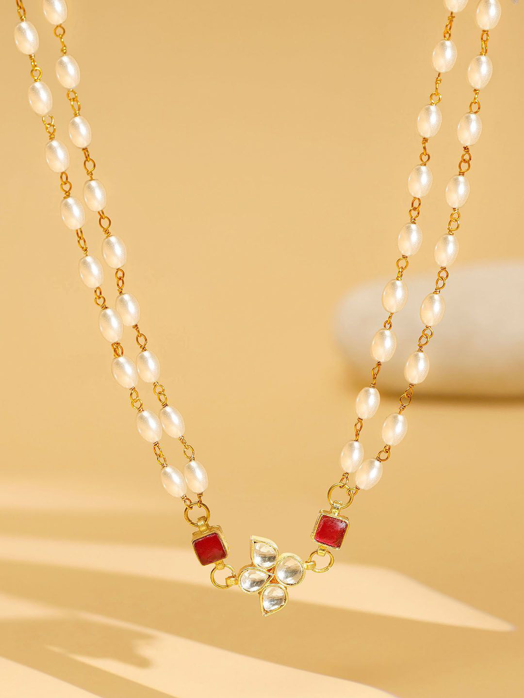 Ruby Raang Women Brass Beaded Gold Plated Flower Kundan Necklace